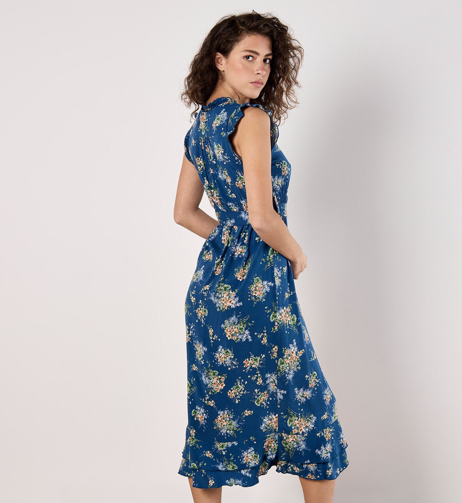 Apricot Druckkleid Geblümtes Midikleid (2-tlg., mit Bindeband) mit Rüschen und Bindegürtel – Bild 4 von 5