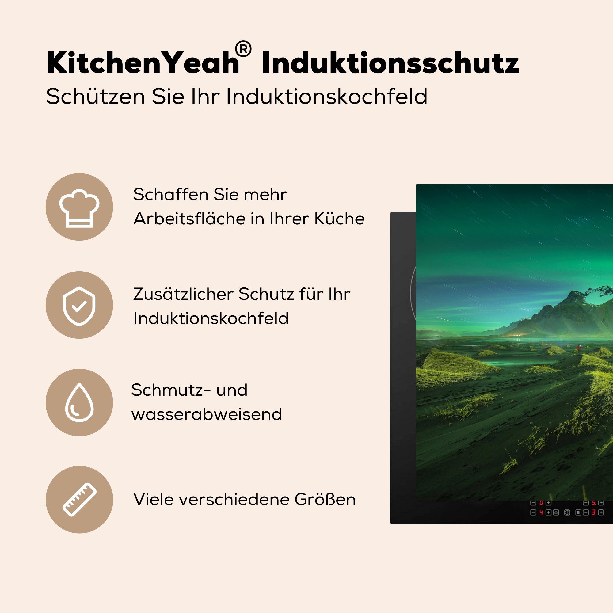 küche, - Grün - die MuchoWow (1 Schutz - 81x52 Herdblende-/Abdeckplatte Vinyl, Nordlichter Induktionskochfeld Island, Ceranfeldabdeckung Berg tlg), für cm,