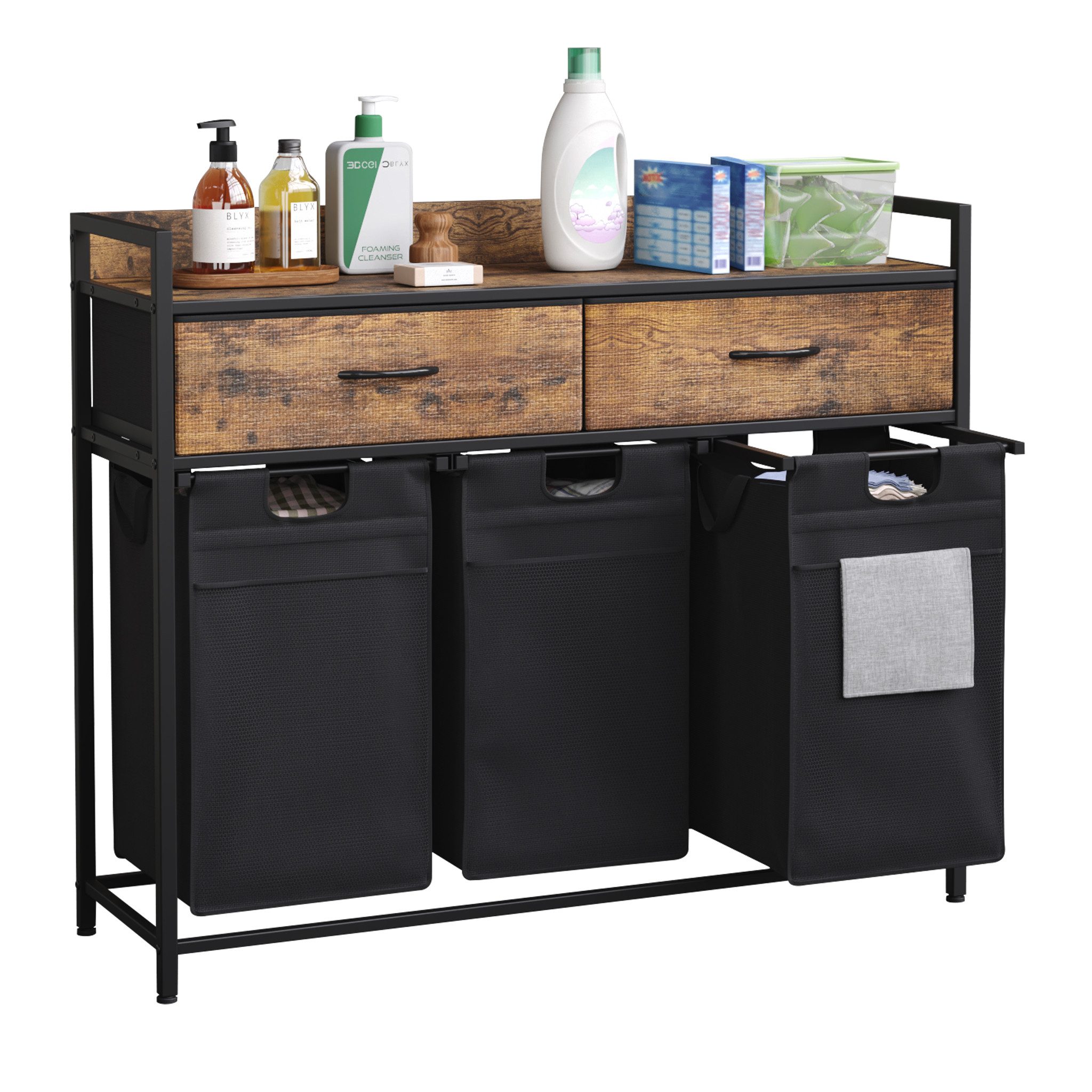 Mondeer Wäschekorb Metallgestell Wäschesammler (3 St., 3 x 50 L), mit 3 abgetrennten Säcken & 2 Schubladen, mit Rollen & Netztaschen