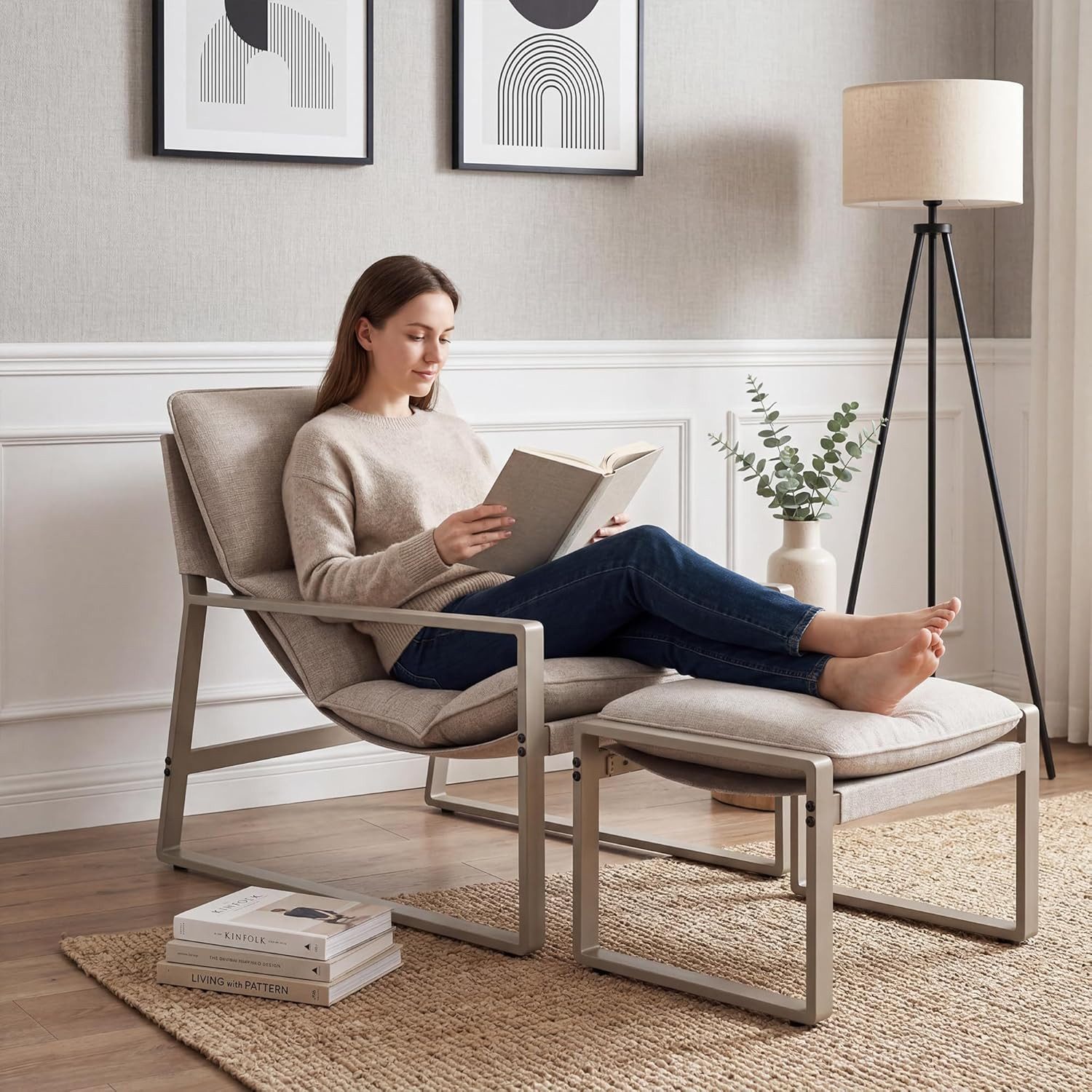 GOTLAND Sessel Moderner Akzent Sessel mit Hocker, Textilene-Stoff Lounge Sessel (für Wohnzimmer, Schlafzimmer, Büro, 2-St), mit Metallrahmen, Mid-Century Armlehnstuh