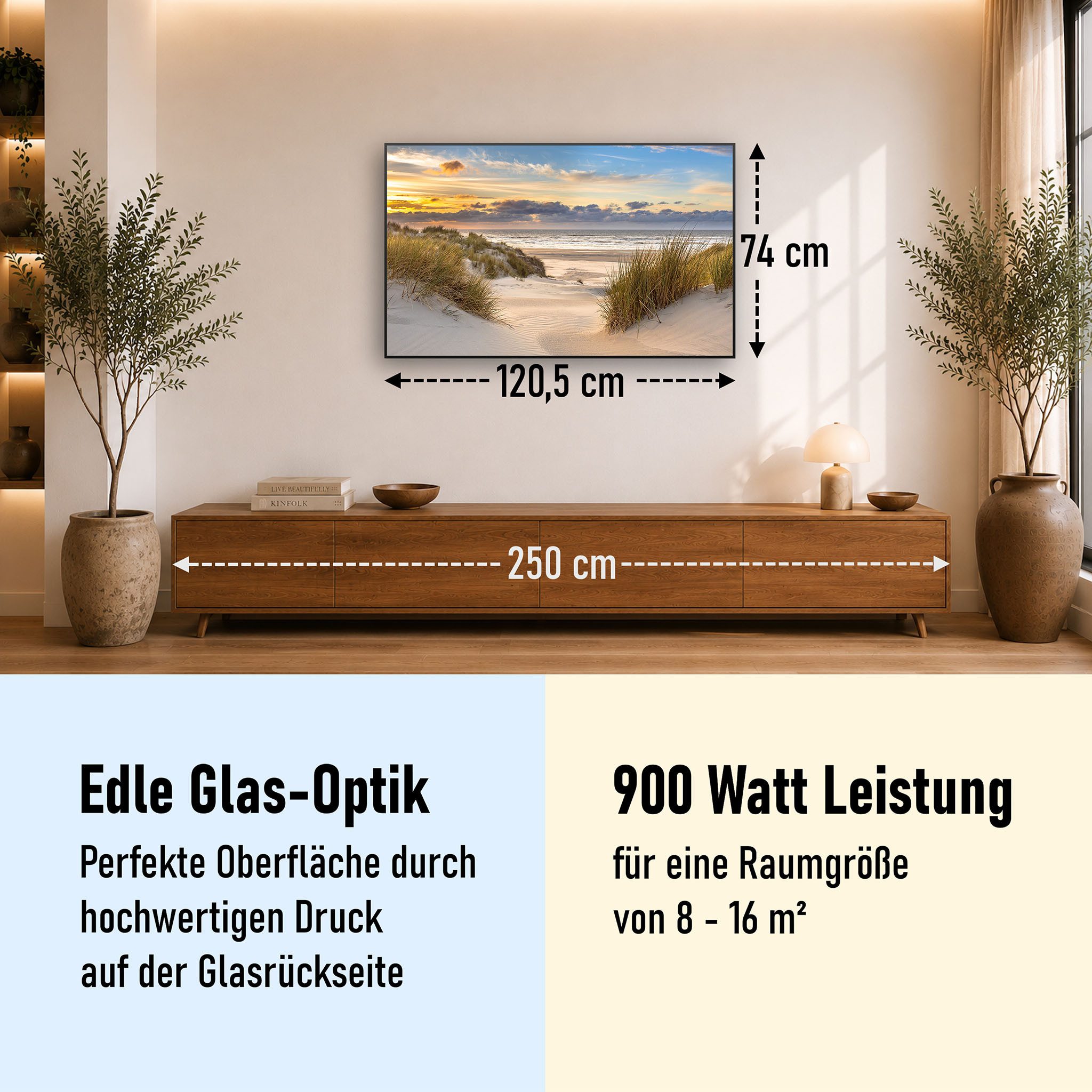 STEINFELD Heizsysteme Infrarotheizung Glas-Bild 900W, 120x74cm, Made in Germany, 7 Jahre Garantie, mit Thermostat, Schwarz