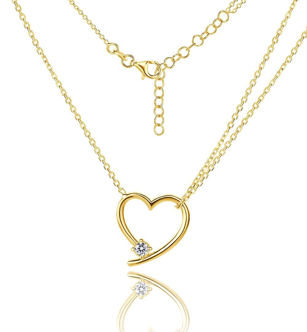 Miore Herzkette TA007SN - 44cm mit Herzanhänger 925 Sterling Silber vergoldet 18 Kt, Herz ca. 15 mm x 15 mm & einem Zirkonia Stein - Made in Italy