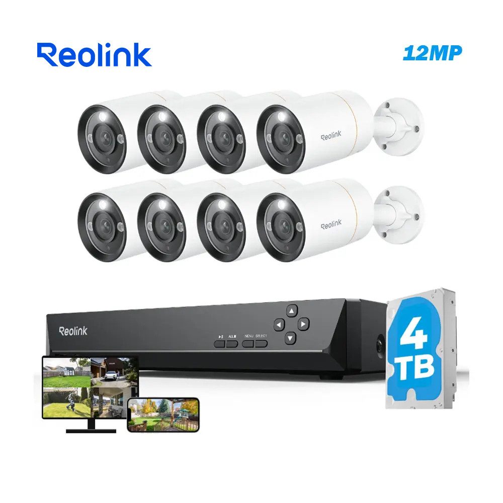 Reolink Überwachungskamera PoE 12 MP Ultra HD (Innenbereich, Außenbereich, 16-Kanal NVR mit 4TB HDD und 8 Bullet Kameras, Farbige Nachtaufnahme,Zwei-Wege-Audio,Dauernde 24/7 Aufzeichnung)