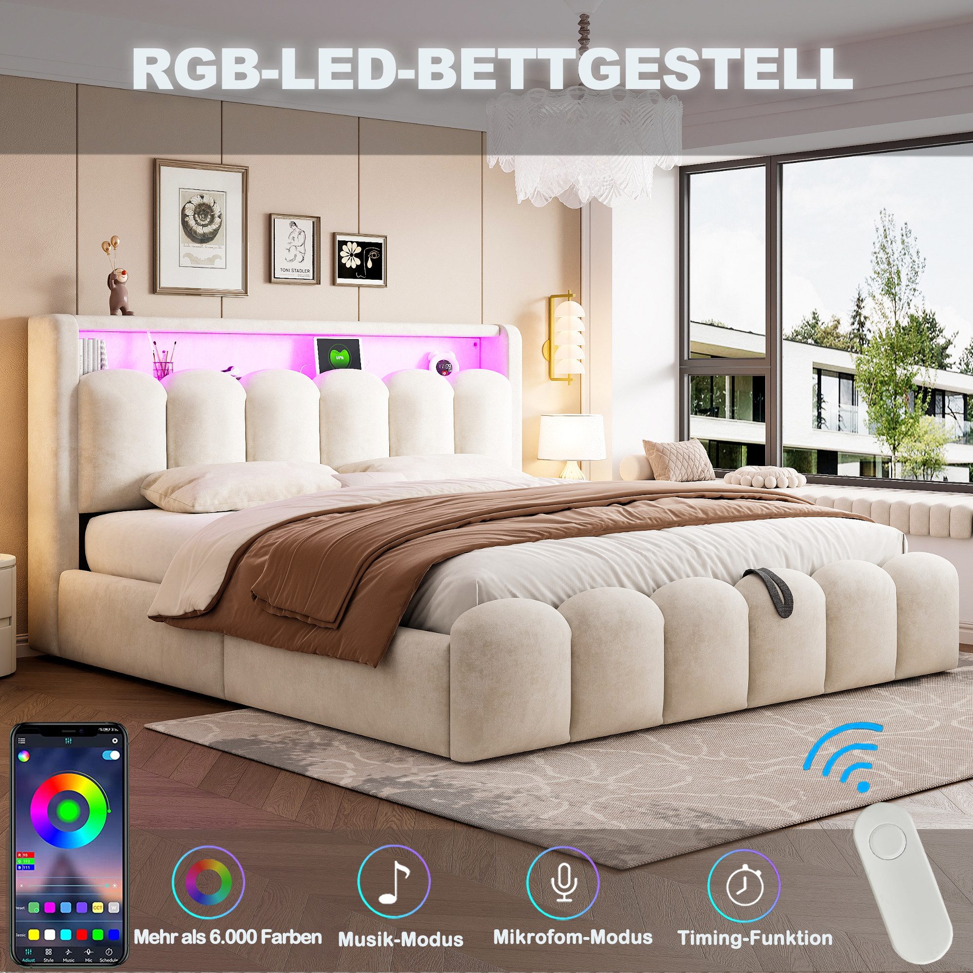 Flieks Polsterbett, LED Hydraulisches Stauraumbett 180x200cm günstig online kaufen