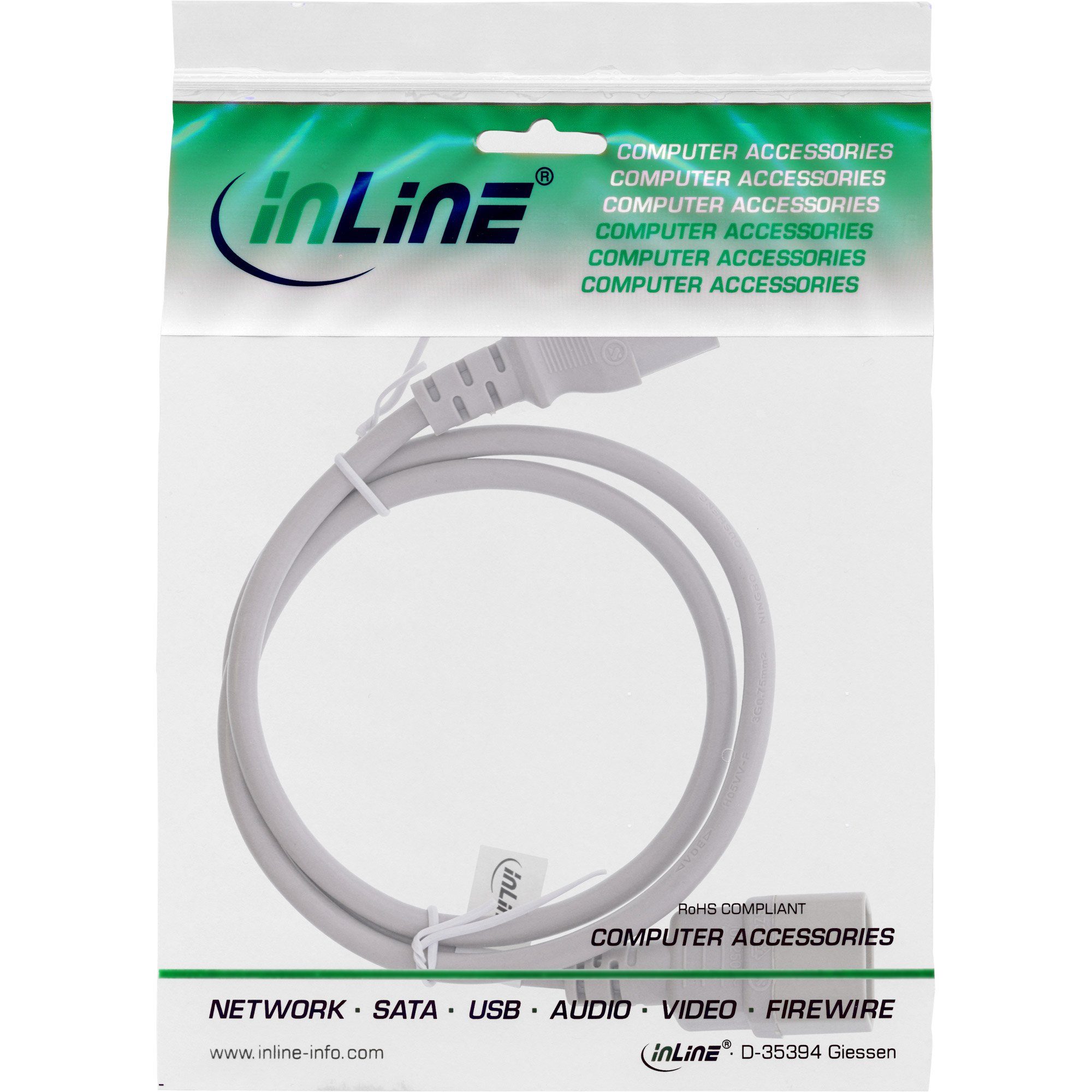 INTOS ELECTRONIC AG InLine® auf Stromkabel Kaltgeräteverlängerung, 2m C14, grau, C13