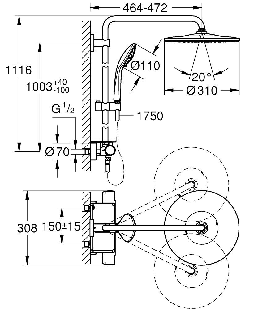 Grohe Duschsystem Vitalio Joy 310 Duschsystem, für Wandmontage, chrom (26401001)