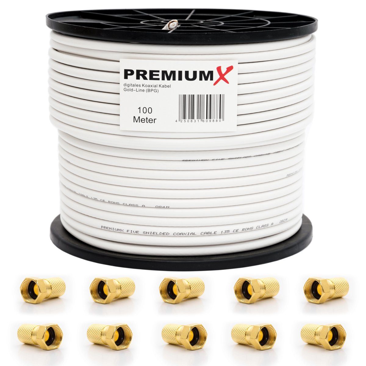 PremiumX 100m BASIC PRO Gold-Line Koaxial Kabel 135dB 5-Fach SAT 10x F-Stecker SAT-Kabel