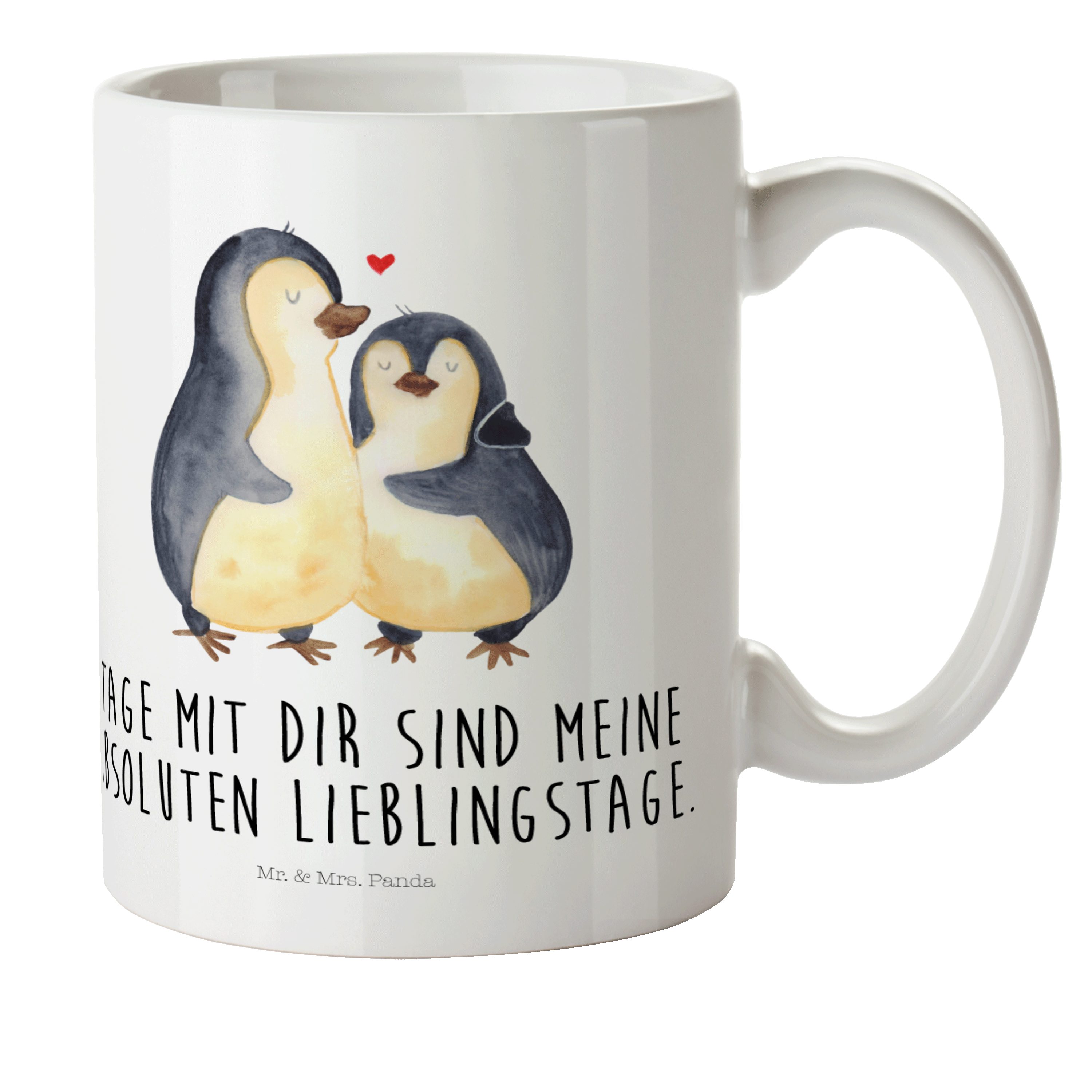 Mr. & Mrs. Panda Kinderbecher Pinguin umarmen, Kindertasse, Weiß, Kindertasse, Hochzeitstag, Mit Ti, 1-tlg., Kunststoff
