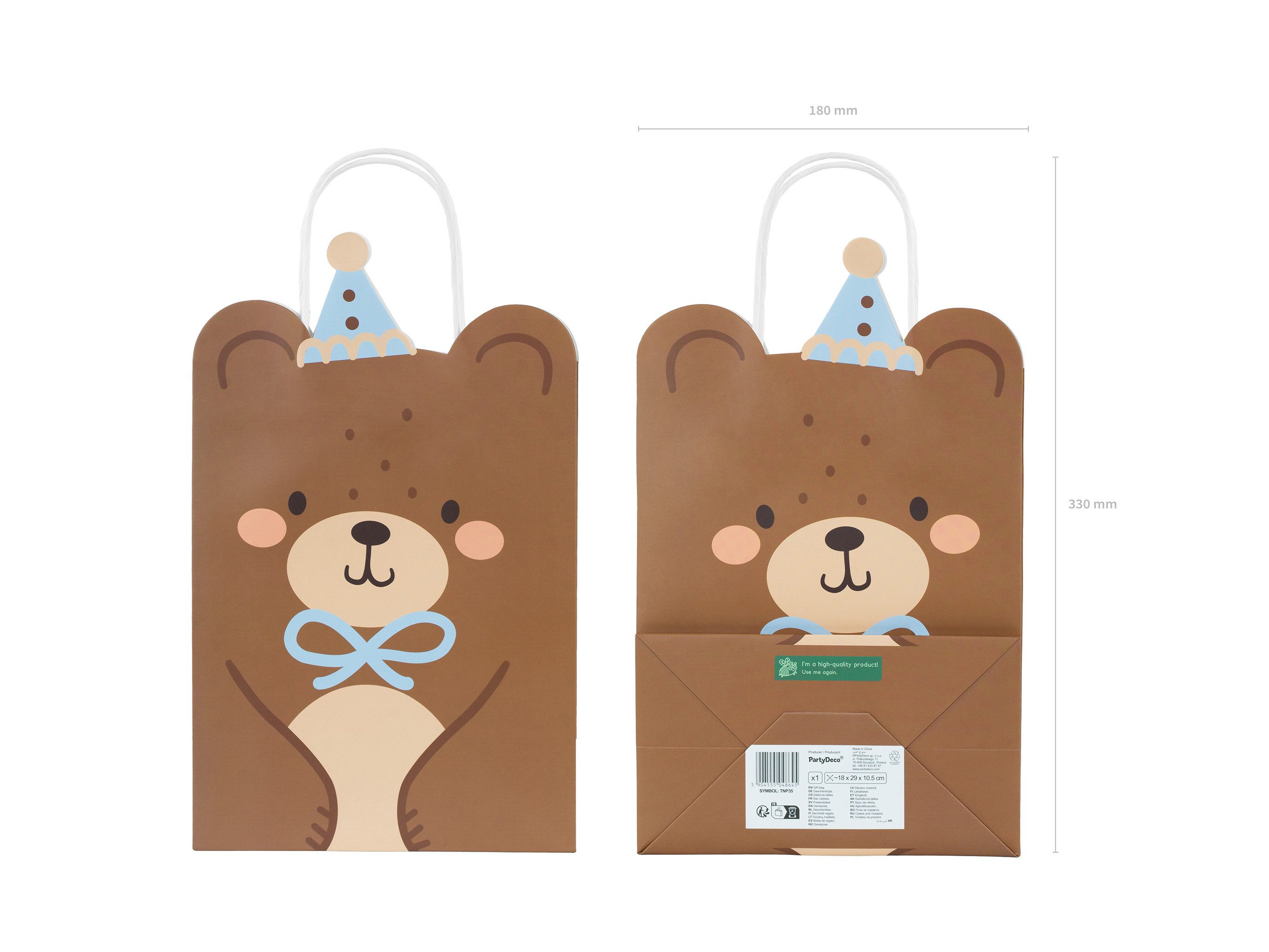 partydeco Papierdekoration, Geschenktüte Bär mit Henkel 18x10x29cm Braun / Blau