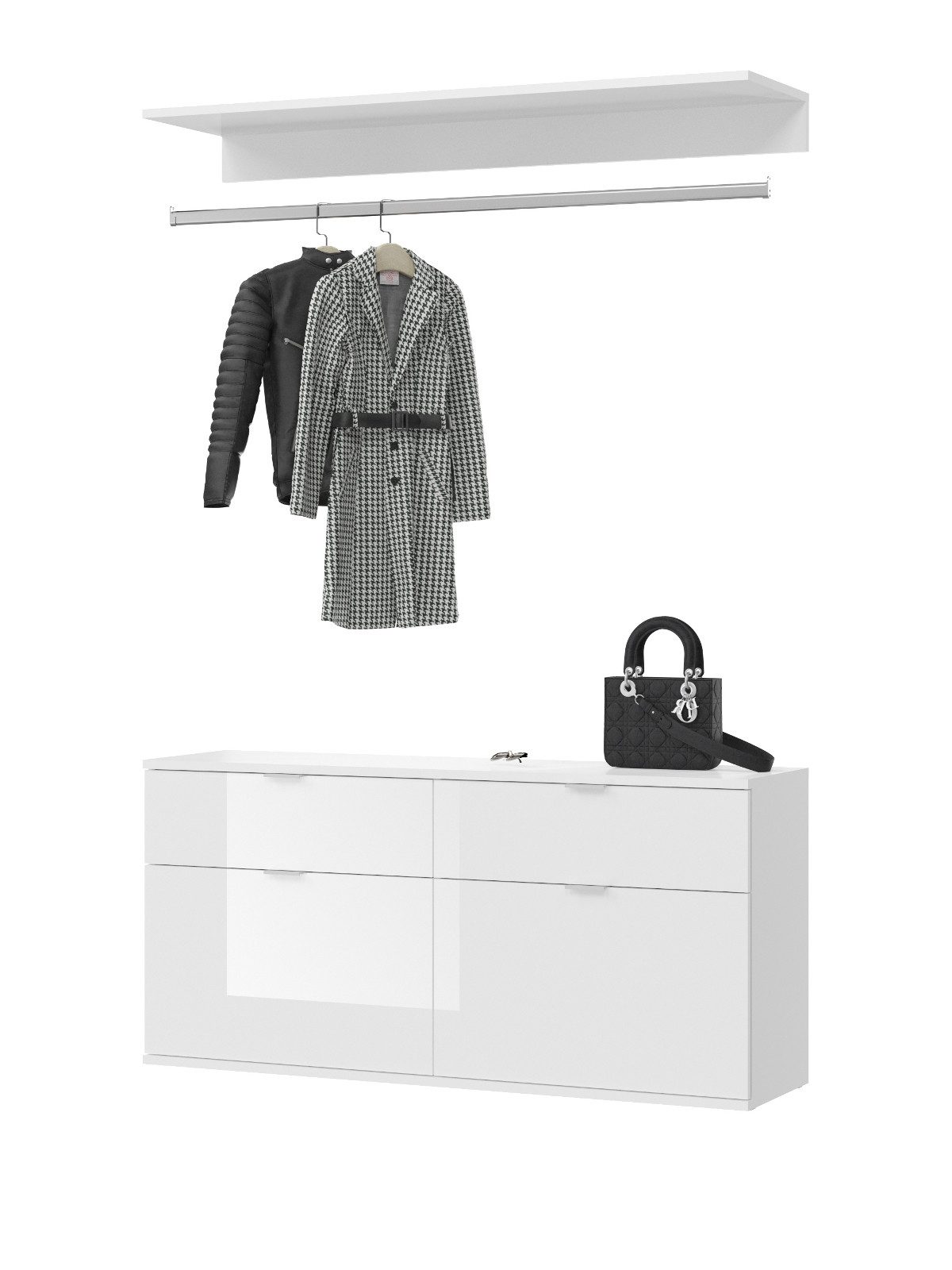 Inn.Furn Garderoben-Set SystemX, (in weiß Hochglanz, 3-St., Breite 121 cm), mit Kleiderstange und Schubladen