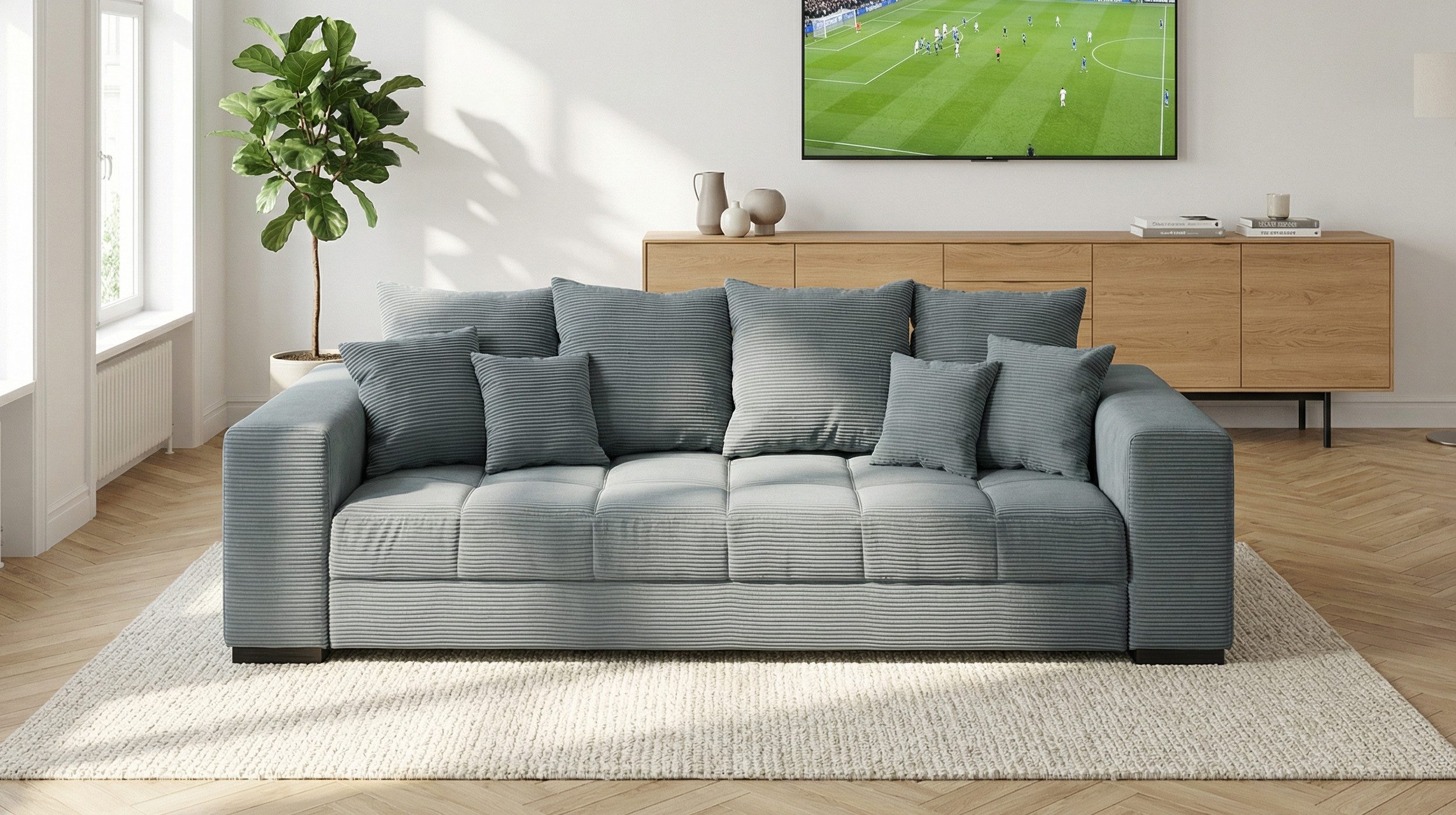 Massivart® Big-Sofa Cord grau 254 cm / 4-Sitzer Cordsofa / BORNEO, Nosagunterfederung / 4 Rückenkissen / 2 mittlere Kissen / 2 Zierkissen