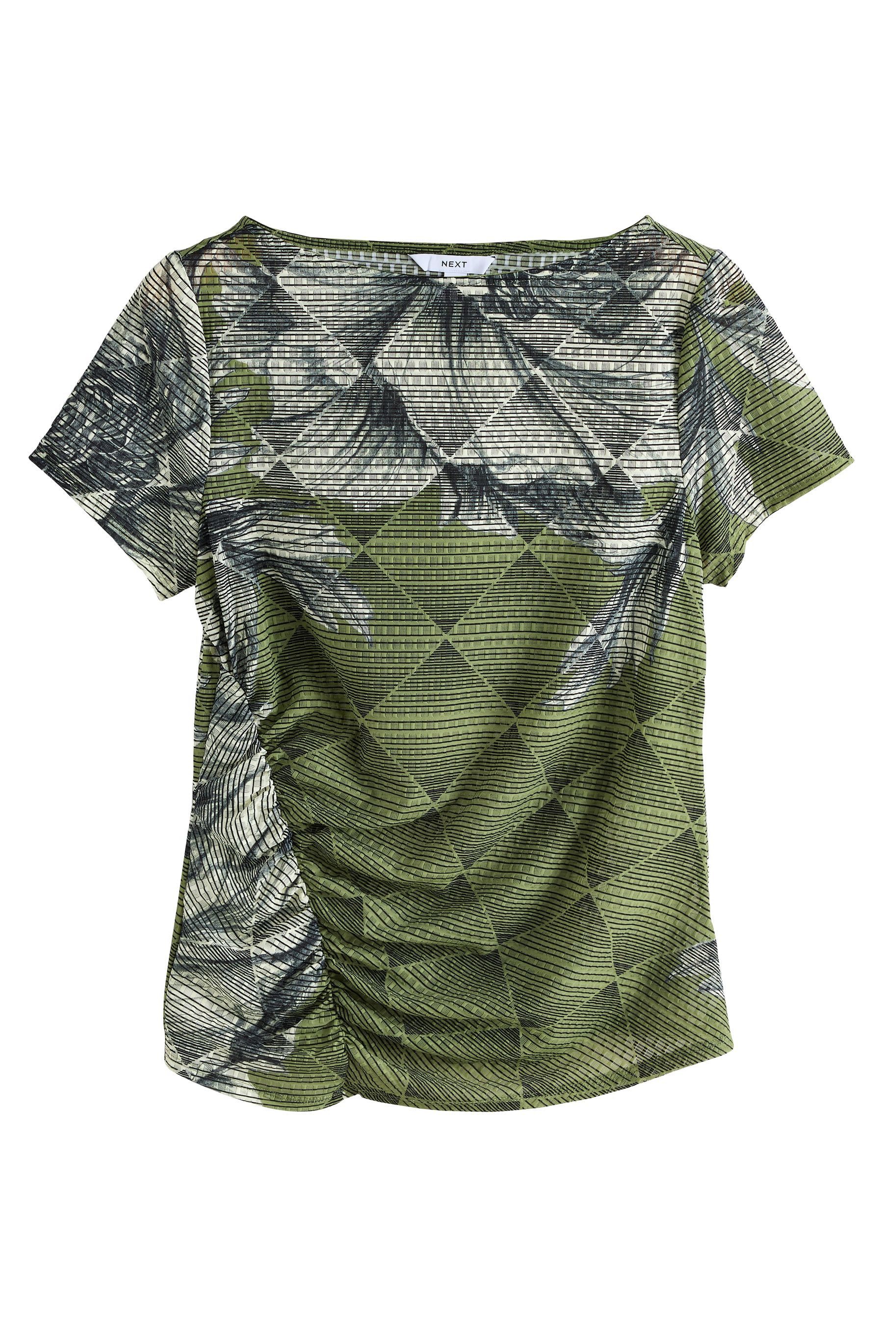 Next Kurzarmbluse Gekräuseltes Kurzarm-Oberteil, U-Boot-Ausschnitt (1-tlg)