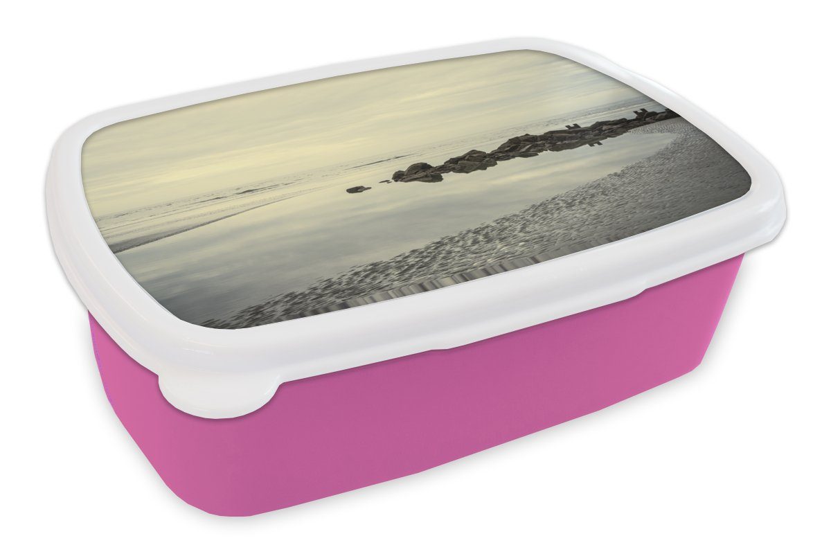 MuchoWow Lunchbox Strand - Meer - Stein, Kunststoff, (2-tlg), Brotbox für Erwachsene, Brotdose Kinder, Snackbox, Mädchen, Kunststoff rosa