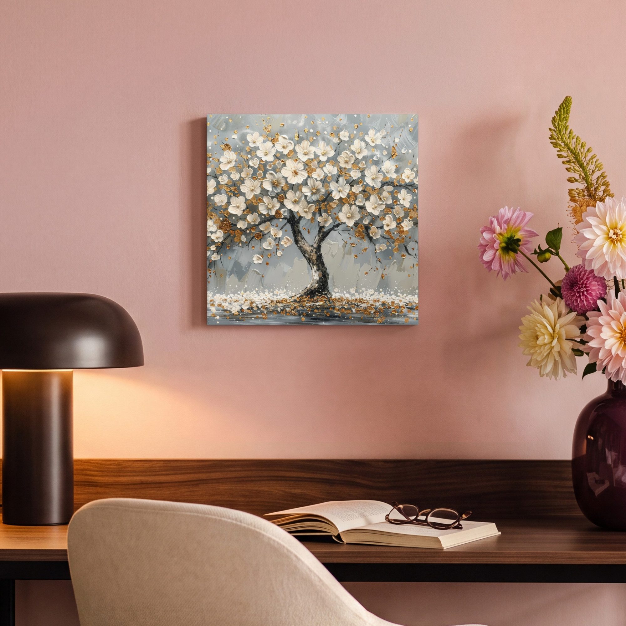 OneMillionCanvasses® Leinwandbild Baum - Gold - Blumen - Abstrakt - Kunst, Fotodruck (1 St), Leinwand Bilder Klein, Wand Dekoration Aesthetic 30x20 cm – Bild 4 von 5