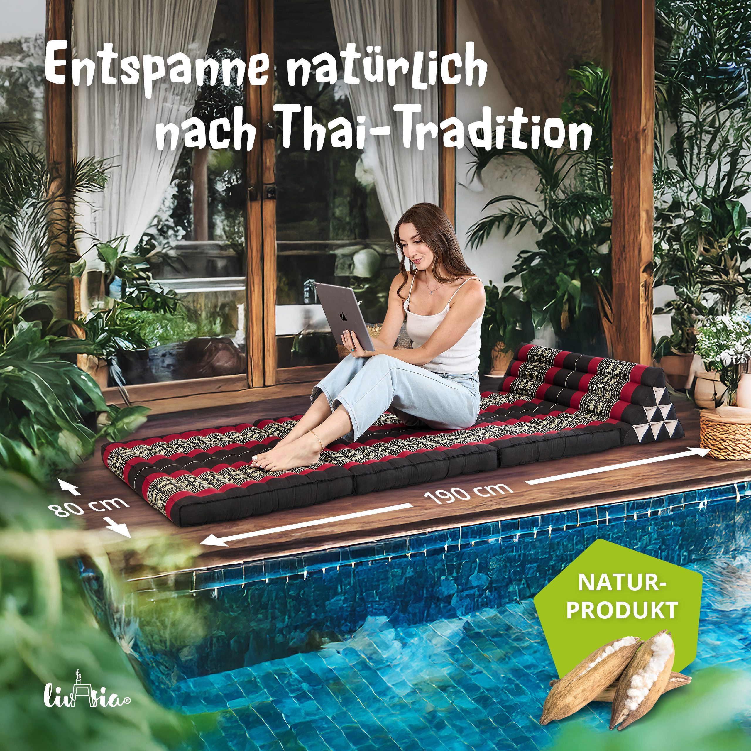 livasia Sitzsack Thaikissen XXL breit - 190x80x8cm, Kapok, vegan, handgefertigt