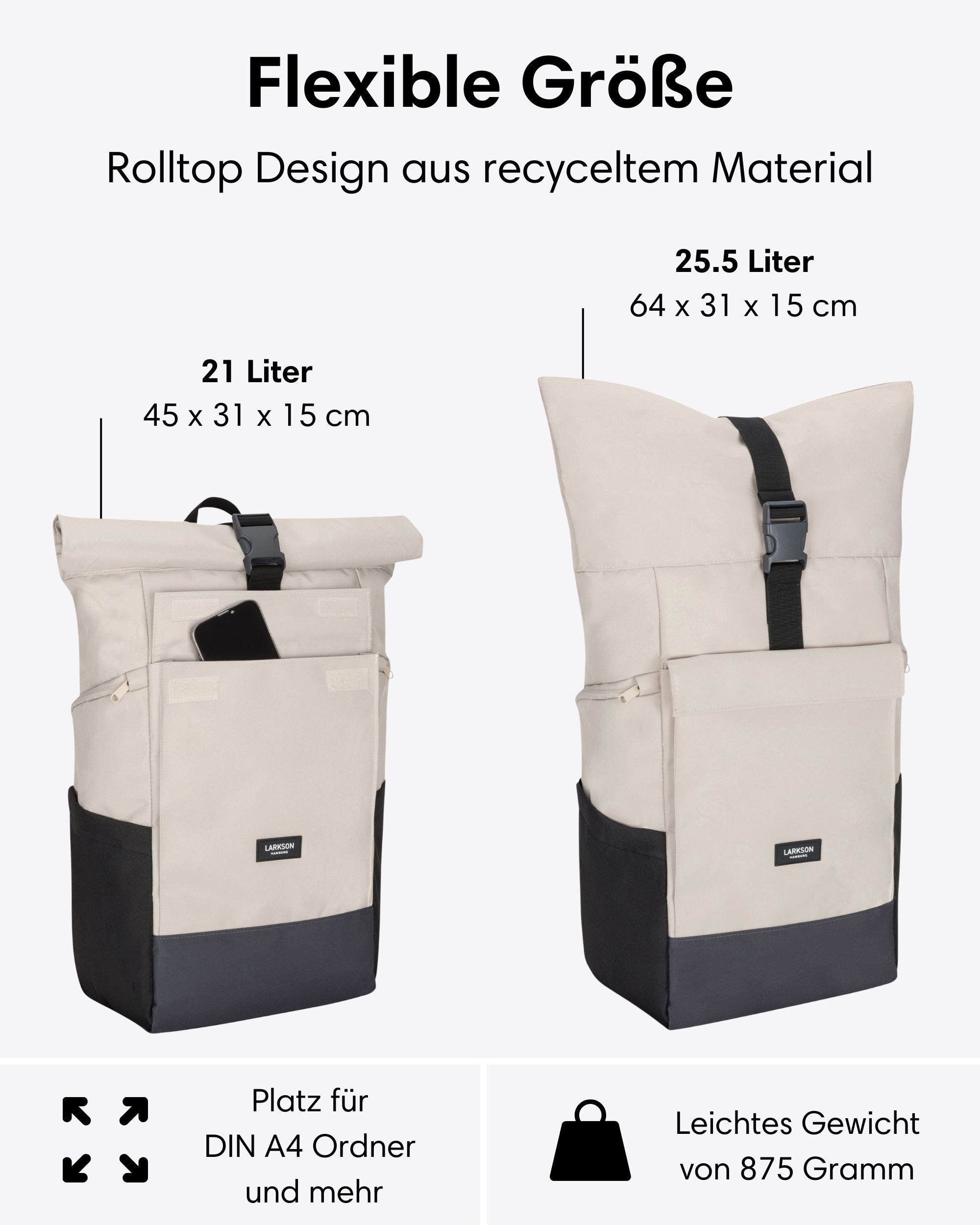 LARKSON Cityrucksack No 4 Large Rolltop Rucksack für Damen und Herren (1-tlg), Geräumiger Rolltop Rucksack für Reisen, Wasserabweisend