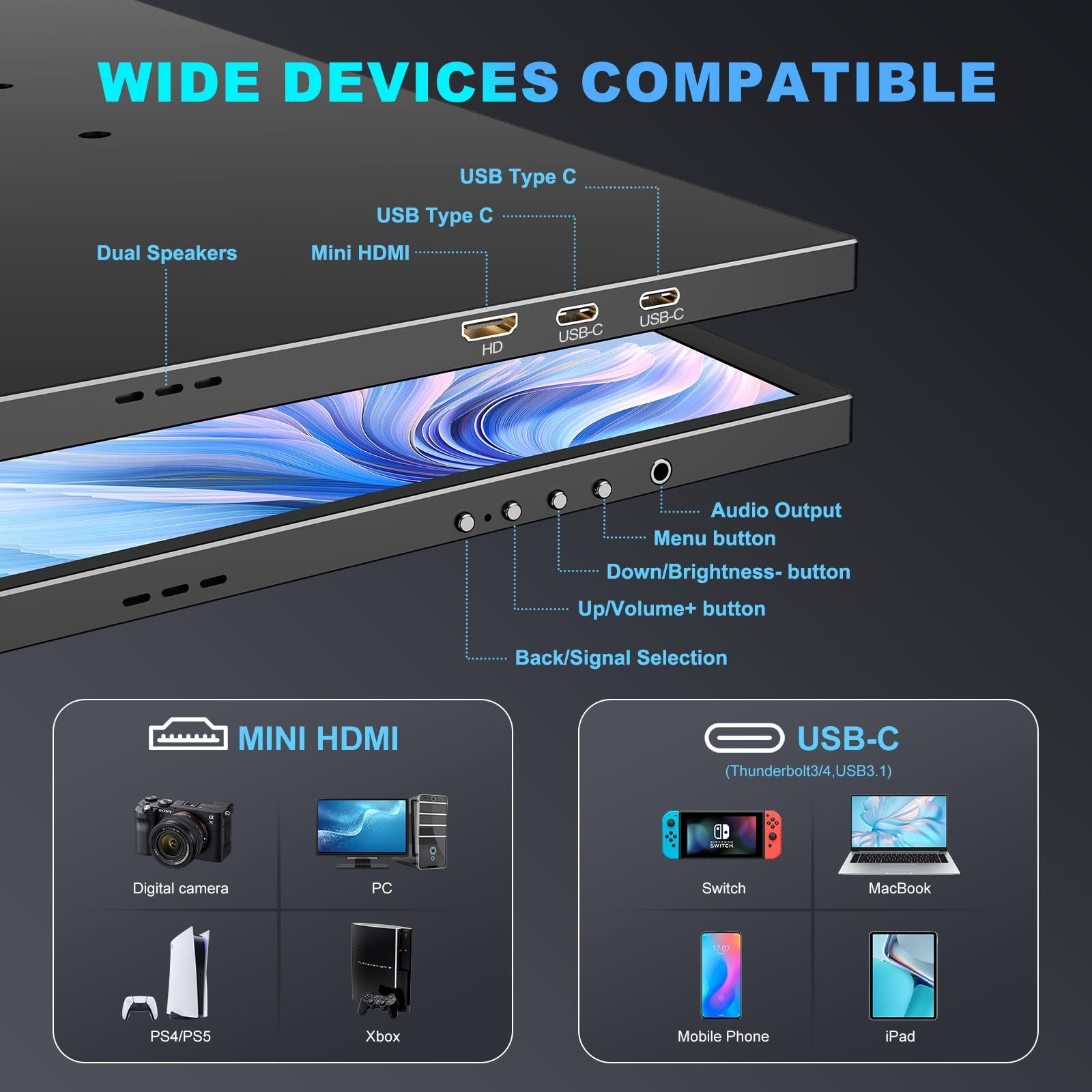 Bundviel Tragbarer Monitor für Laptop, 1080P, USB C, HDMI Portabler Monitor (47 cm/18.5 ", 1920 x 1080 px, FHD, 3 ms Reaktionszeit, 120 Hz)
