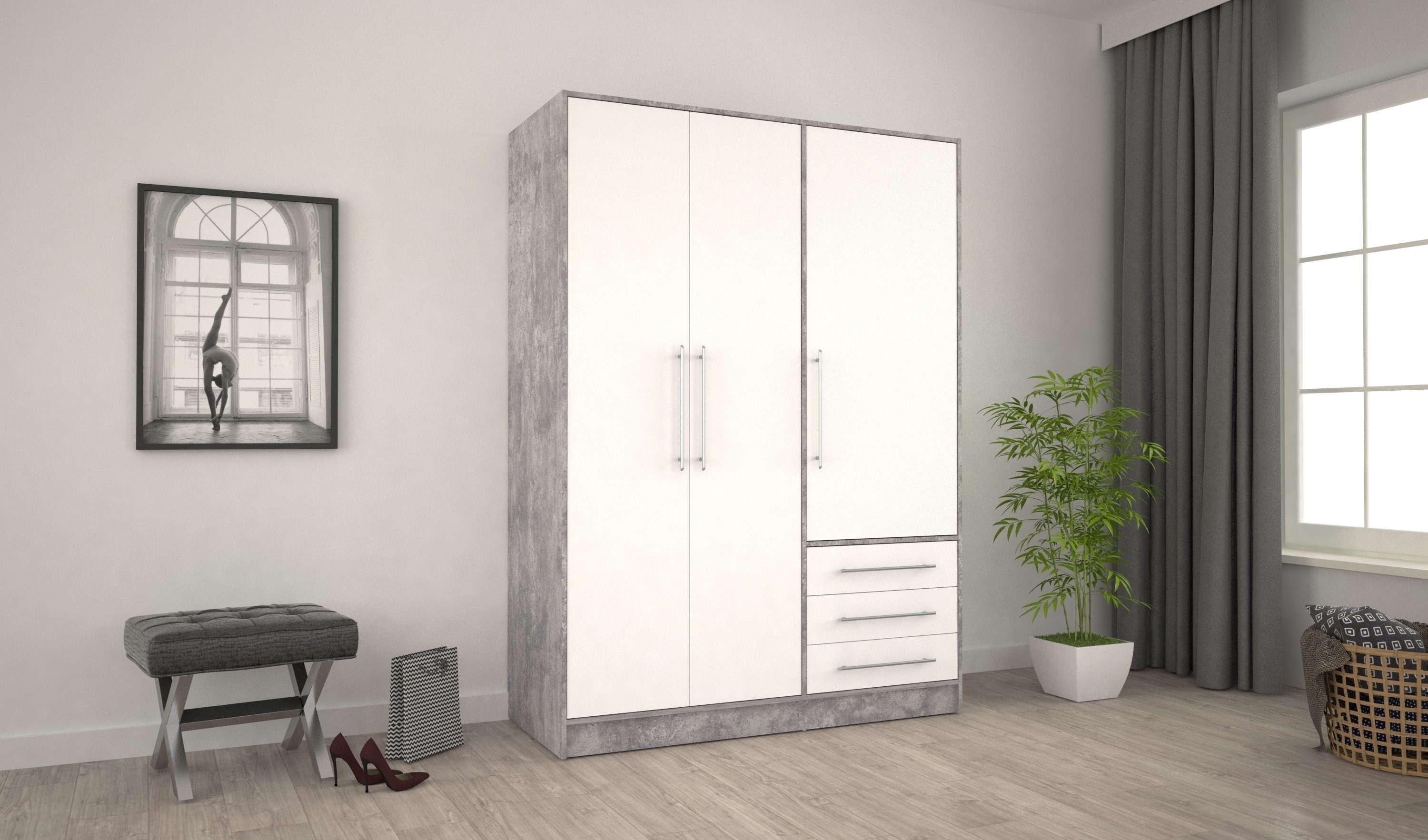 freiraum Drehtürenschrank JUPITER 3 Türen, 3 Schübe, Betonoptik / Weiss - 144,6x200x60 (BxHxT)