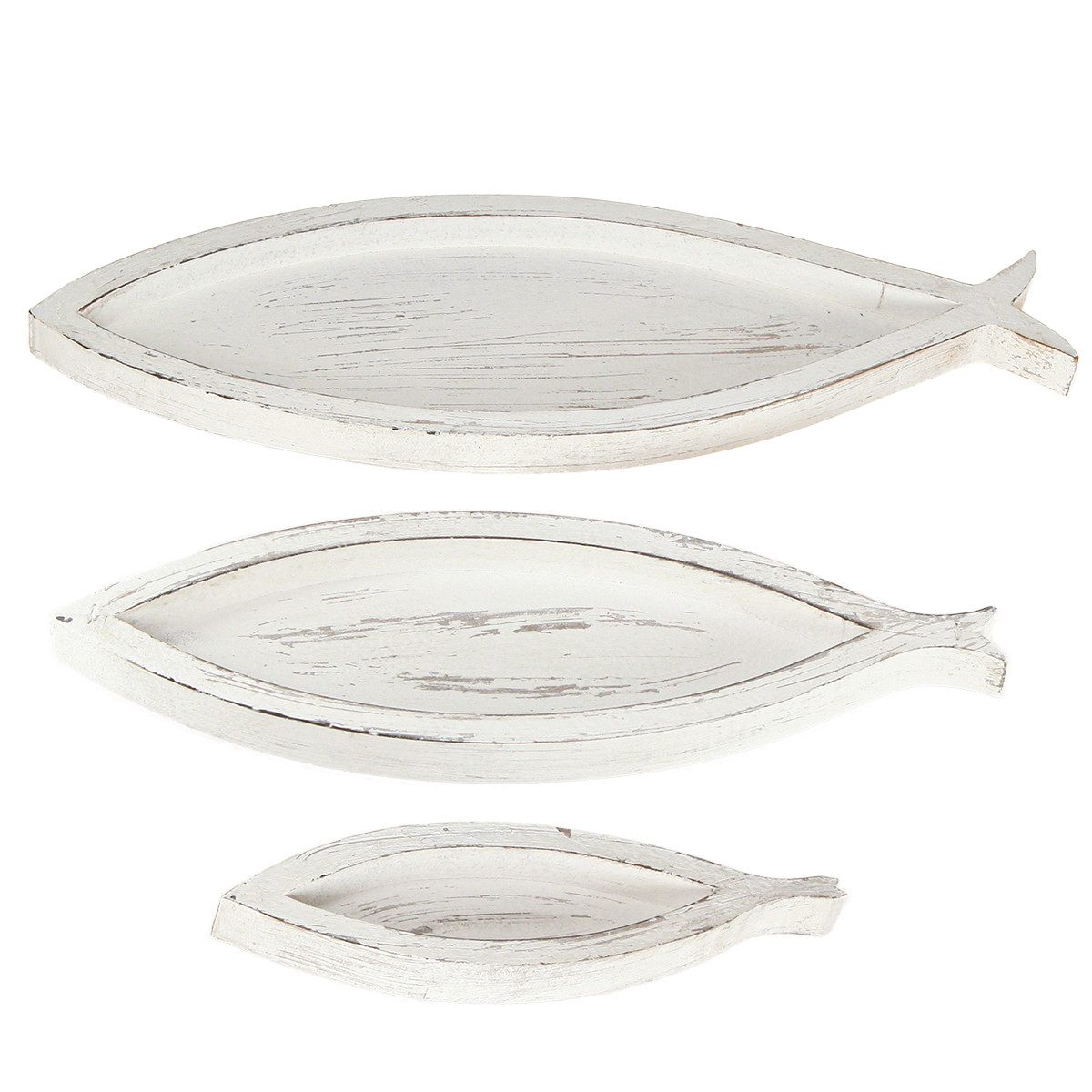 Dekofigur Deko Tablett Set Fisch Holz Weiß Natur Maritim 3er-Set