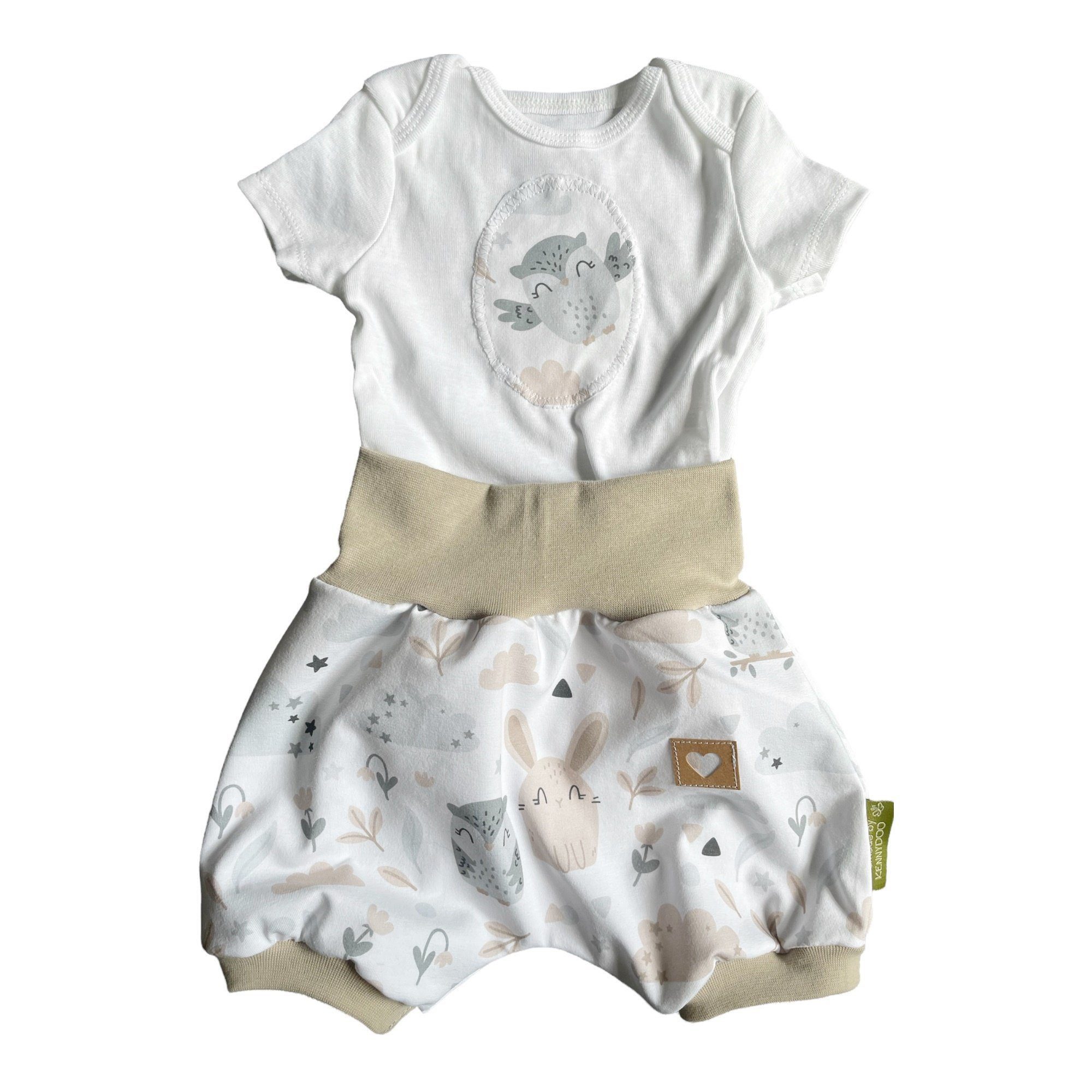kennydoo Body & Shorts Kinder- Baby Set "Hase & Eule" taupe/weiß (Set, 2 teilig) Kurzarmbody und Hose mit niedlichem Design
