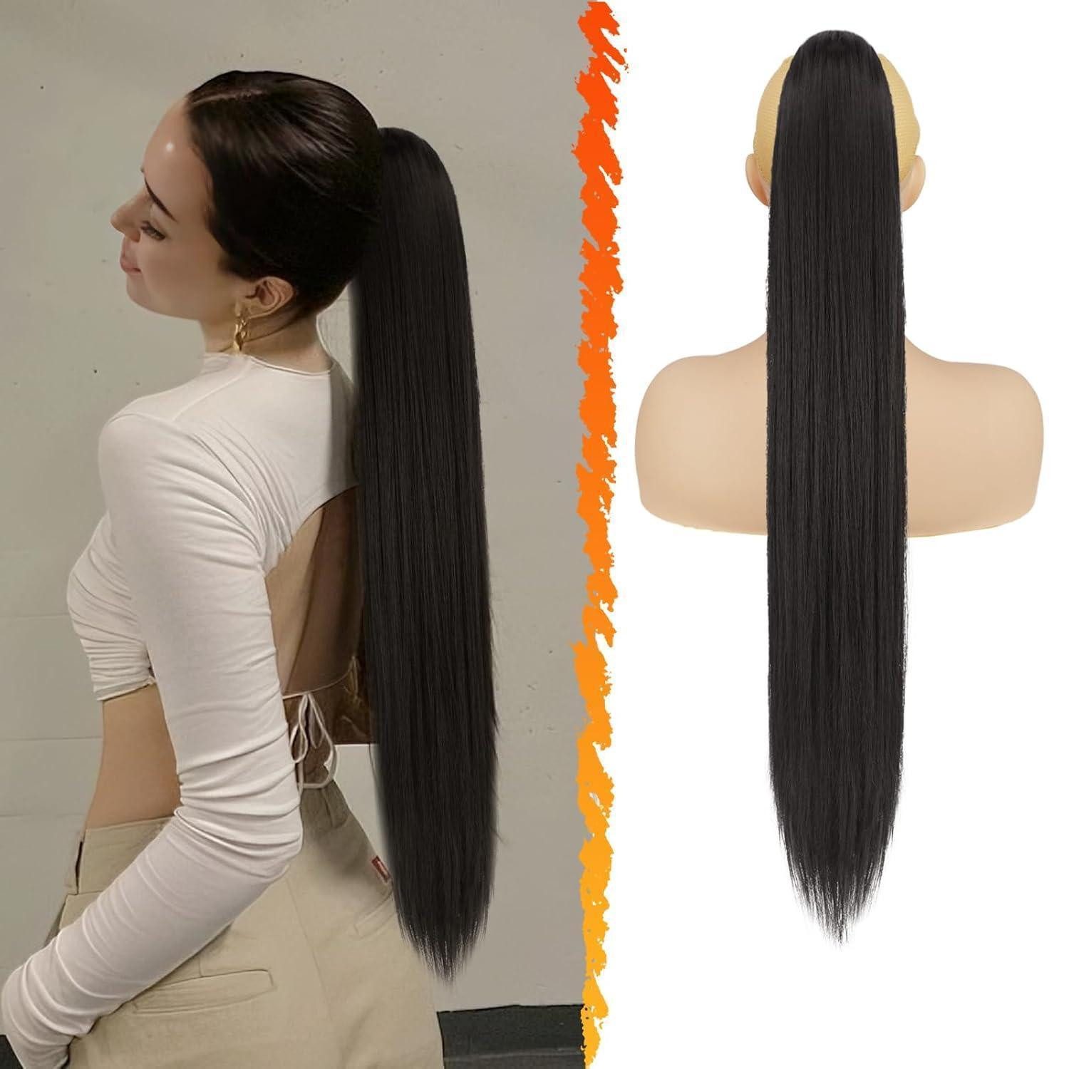 LuxusKollektion Kunsthaar-Extension Lang Glattes Pferdeschwanz Haarverlängerung 76CM Schwarz Braun