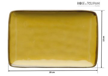Rose & Tulpani Servierplatte Rechteckige Platte Servierplatte Teller Vintage Look 20x13cm Ocra gelb, Steingut, (1-tlg), Handgefertigt, Backofengeeignet, Mikrowellensicher, Spülmaschinenfest