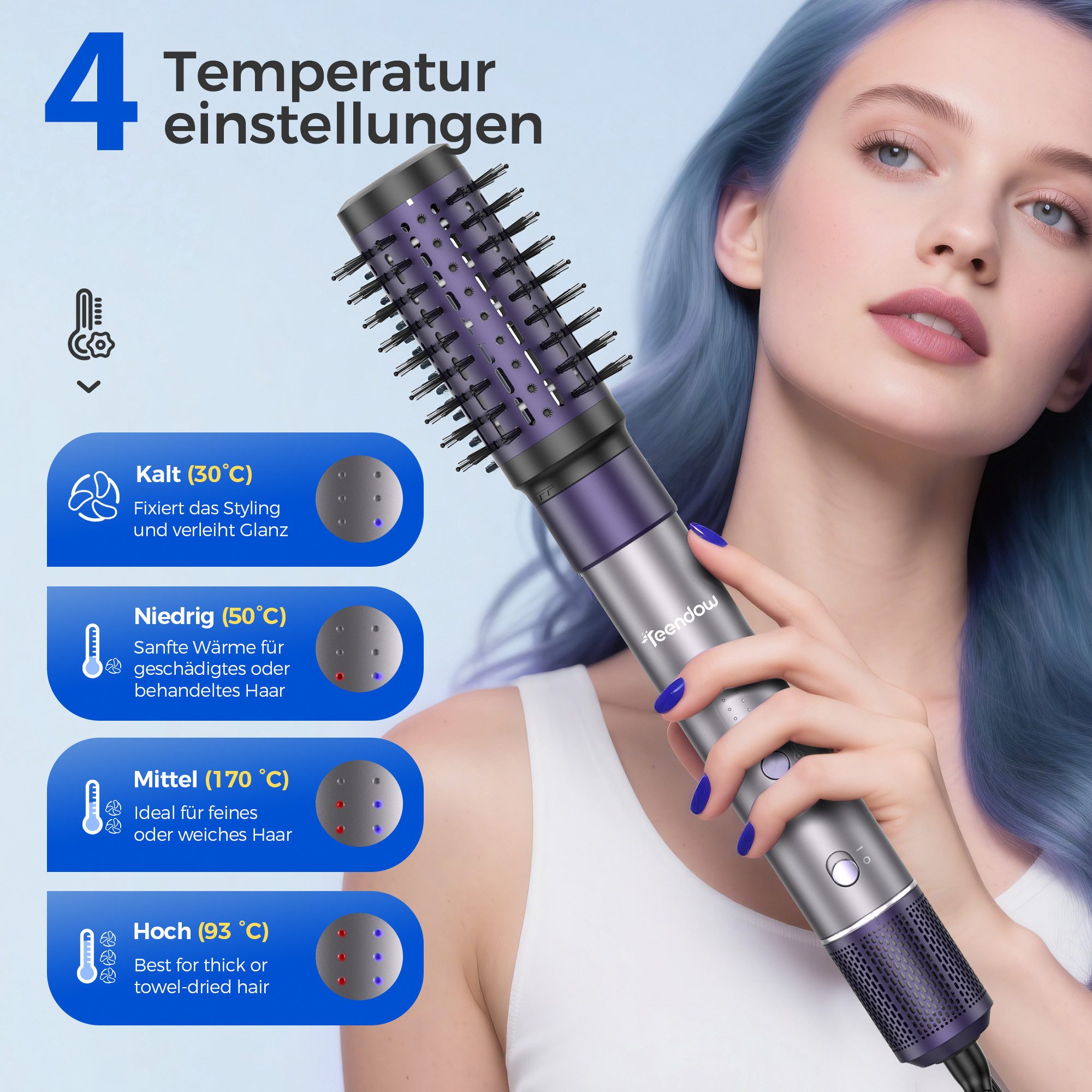 Teendow Multihaarstyler HB-801i Airstyler, Warmluftbürste 1500W, mit Aufbewahrungstasche, 110.000 U/min, 20 m/s Luftstrom, 360° drehbare Stromkabel