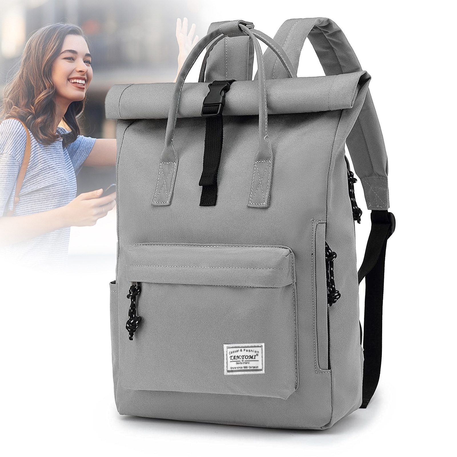 TAN.TOMI Cityrucksack Rucksack Damen Herren Tagesrucksack mit Laptopfach, Modern Rolltop Rucksack Daypack, Wasserabweisend