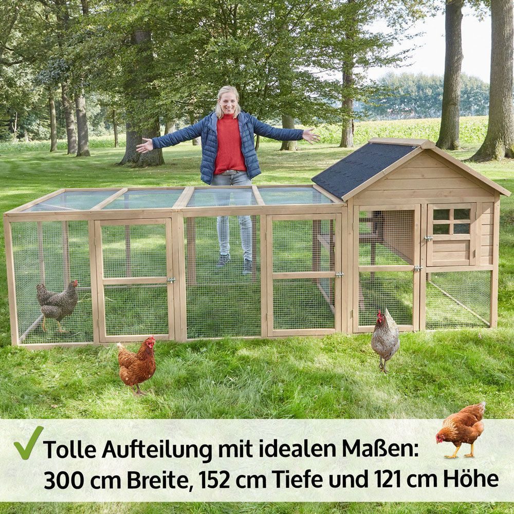 Zooprinz Hühnerstall Hühnerhaus Hühnervoliere Happy Huhn XXL mit Freilauf Wetterfest, Winterfest, Nistkasten, Kotschublade, Sitzstangen, Hühnerleiter
