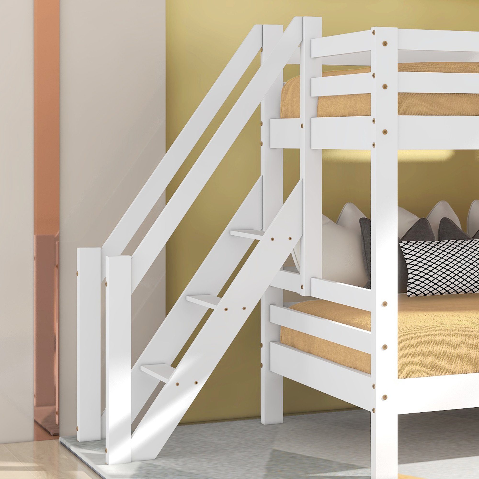 Etagenbett (Hochbett Kinderbett 90x200 cm), inklusive Trittleiter und Rundum-Absturzschutz, Kiefer