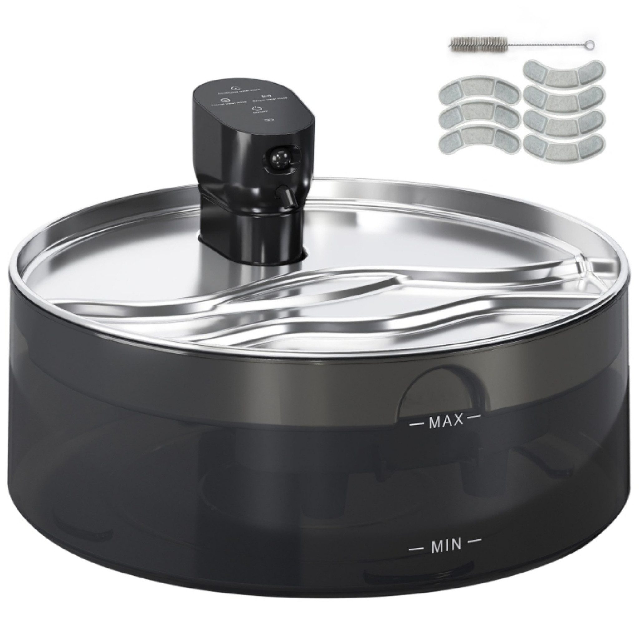 Blossom Trinkbrunnen Katzenbrunnen 7 L mit Edelstahl-Oberfläche, leise Pumpe, kabellos 7 l, Trinkbrunnen für Katzen Hunde Aktivkohlefilter LED-Wasserstandsanzeige