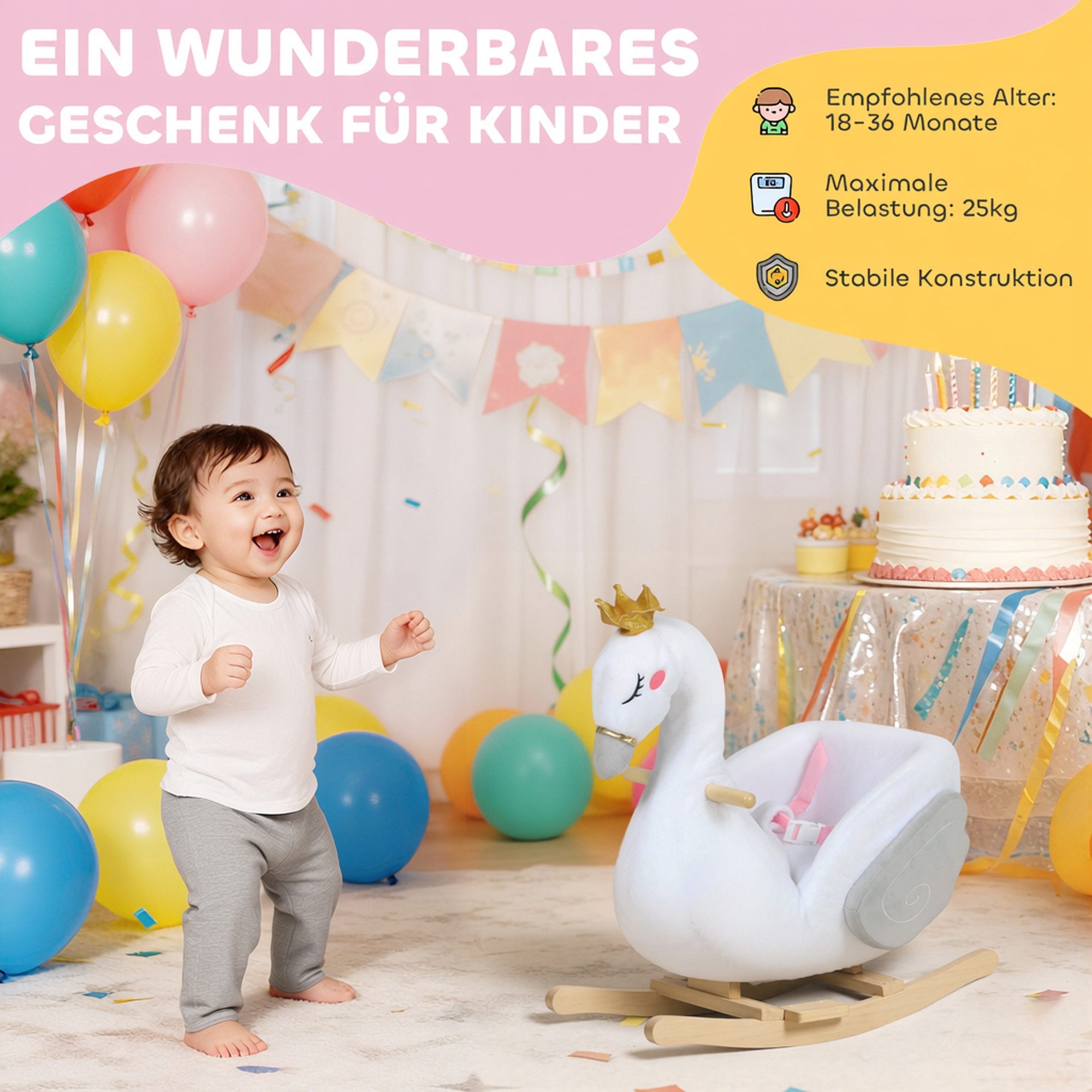AIYAPLAY Schaukeltier Schwan-Schaukel mit Schlaflied, weicher Füllung, Holzrahmen, (1 tlg), für Kinder 1,5-3 Jahre, max. 25 kg, Weiß – Bild 4 von 5