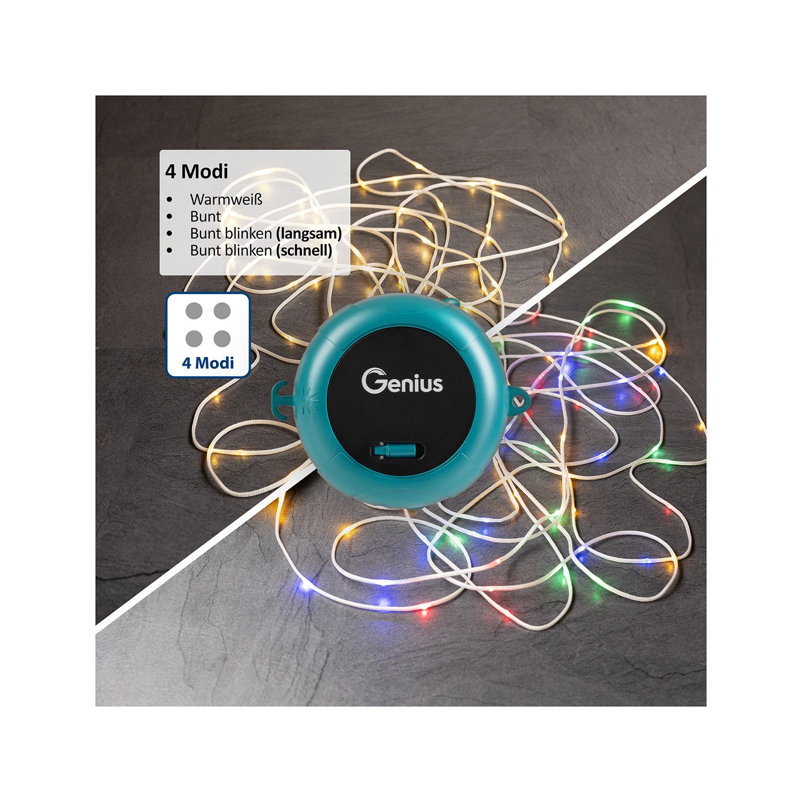 Genius LED-Lichterkette Genius Camping LED Lichterkette Akku aufrollbar 2.tlg, 4 Lichtmodi, Wetterfest (IP44) – perfekt für Outdoor & Camping – Bild 5 von 5