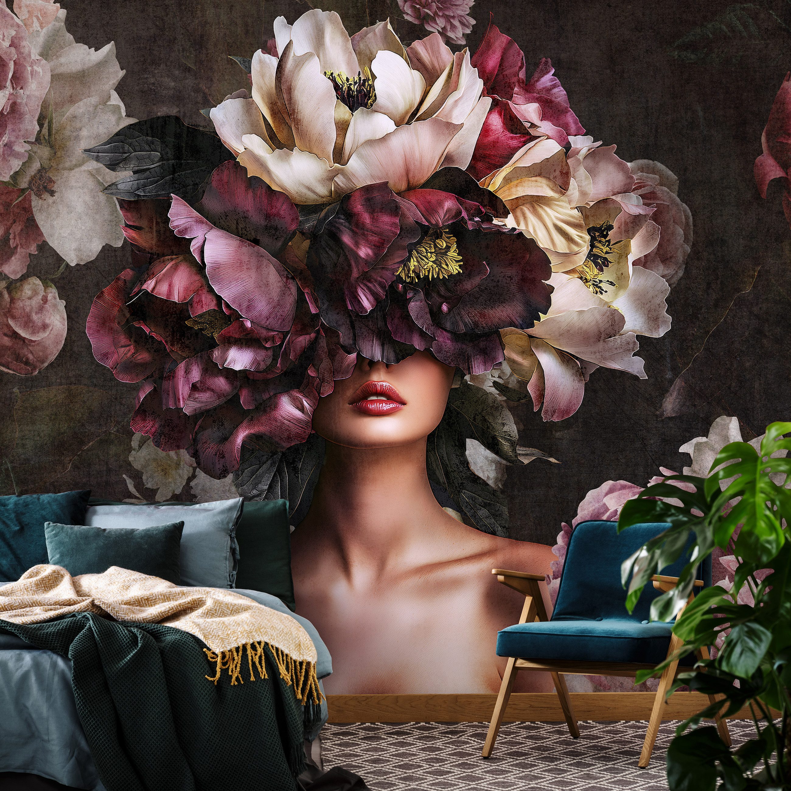 Wallarena Fototapete Frau Vintage-Blumen Vlies Tapete Wohnzimmer Schlafzimm günstig online kaufen