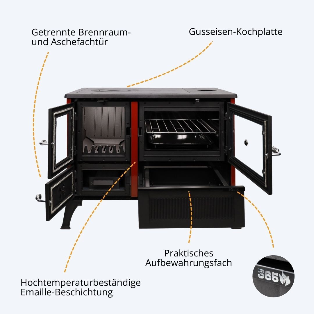 365 Kaminofen 365® Küchenherd Cook Smart rot emailliert 8 kW Gusseisen A+, 8 kW