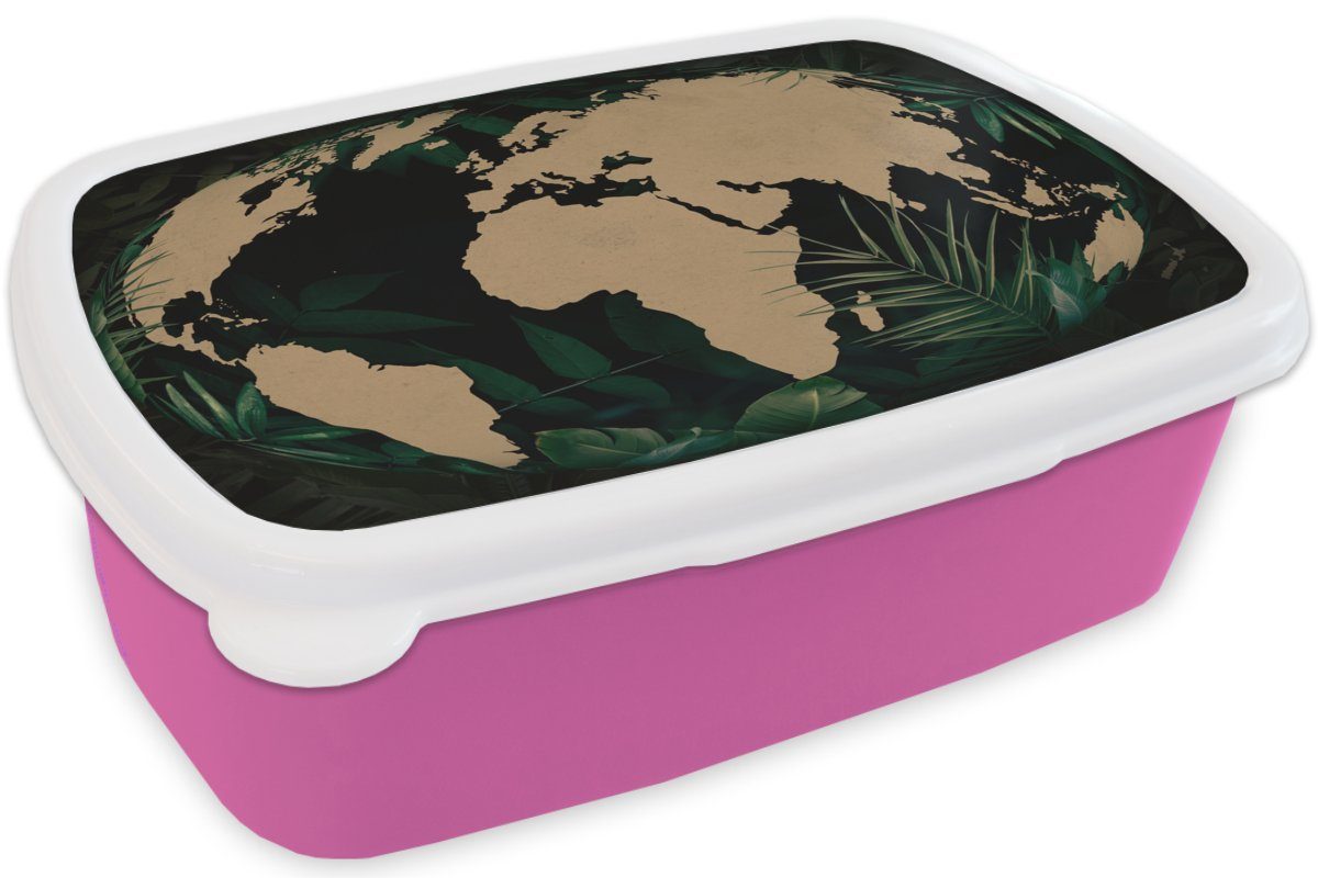 Snackbox, Kunststoff (2-tlg), Brotbox Globus für rosa - Pflanzen, Lunchbox Kunststoff, MuchoWow Mädchen, Weltkarte Erwachsene, Kinder, Brotdose -