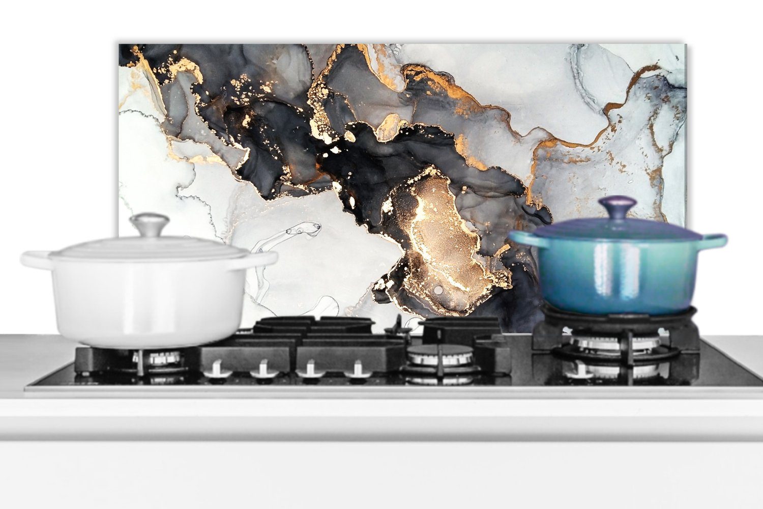 Küchenrückwand (1-tlg), gegen für Fett Abstrakt, Weiß Luxus cm, und - - - MuchoWow Marmor Schmutzflecken Küchen - Gold - Schwarz 60x30 Wandschutz,
