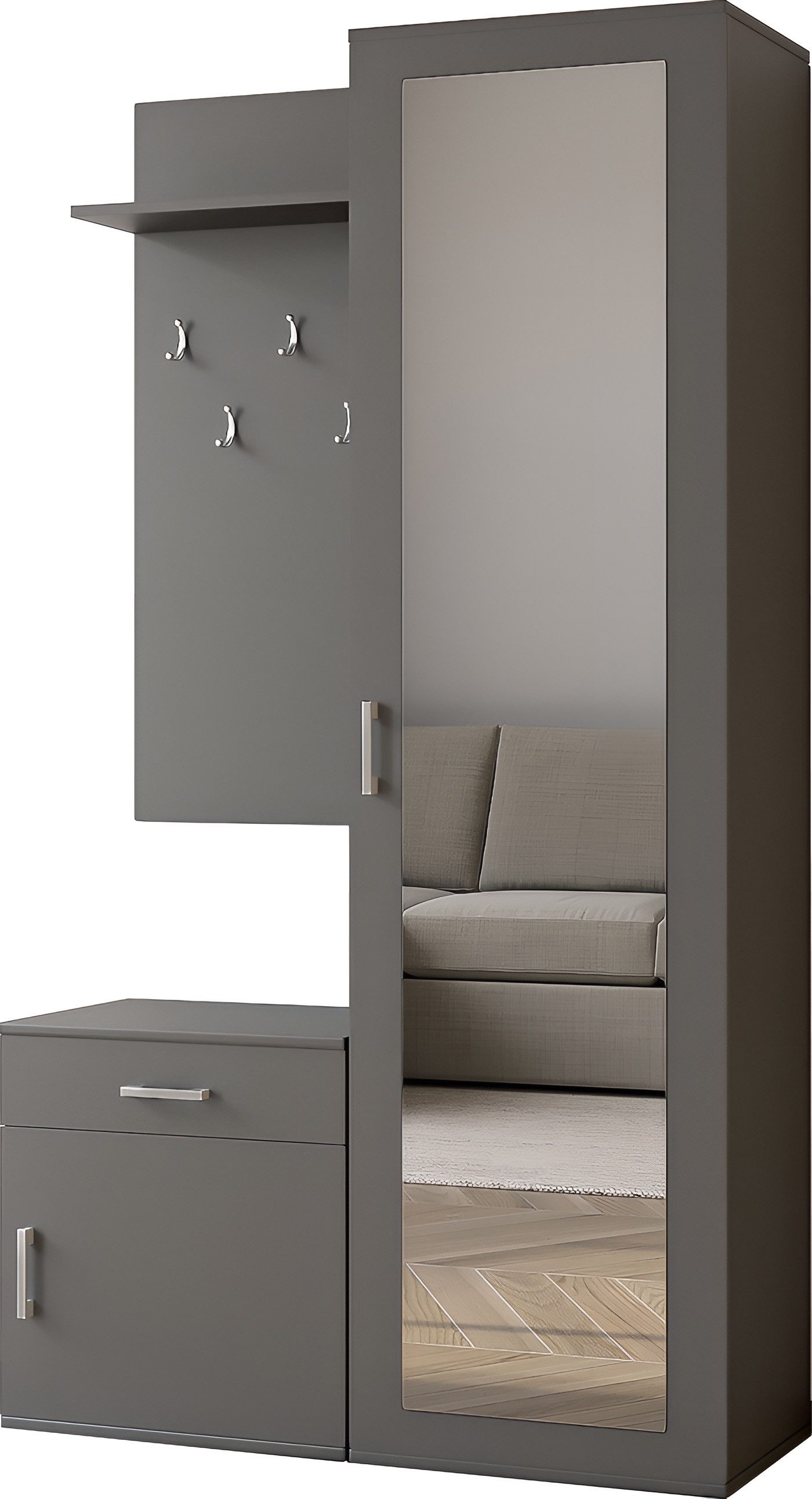 WFL GROUP Kompaktgarderobe Talia Flurgarderobe mit Spiegel, Schublade, Haken & Kleiderstange (100 cm Breit) Universell montierbar Garderobenschrank für Diele & Eingang