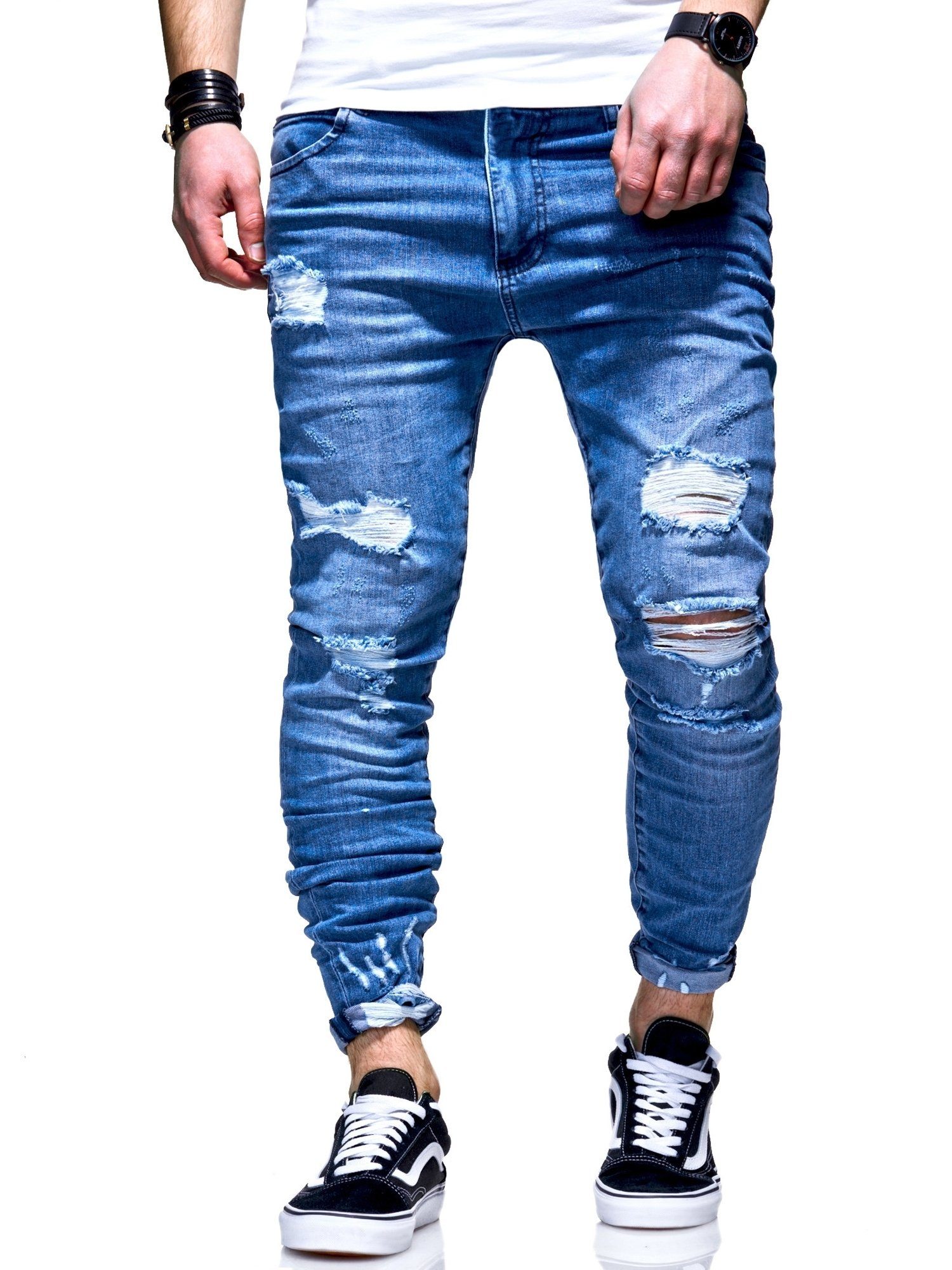 behype Slim-fit-Jeans Dino mit tollen Used-Elementen blau