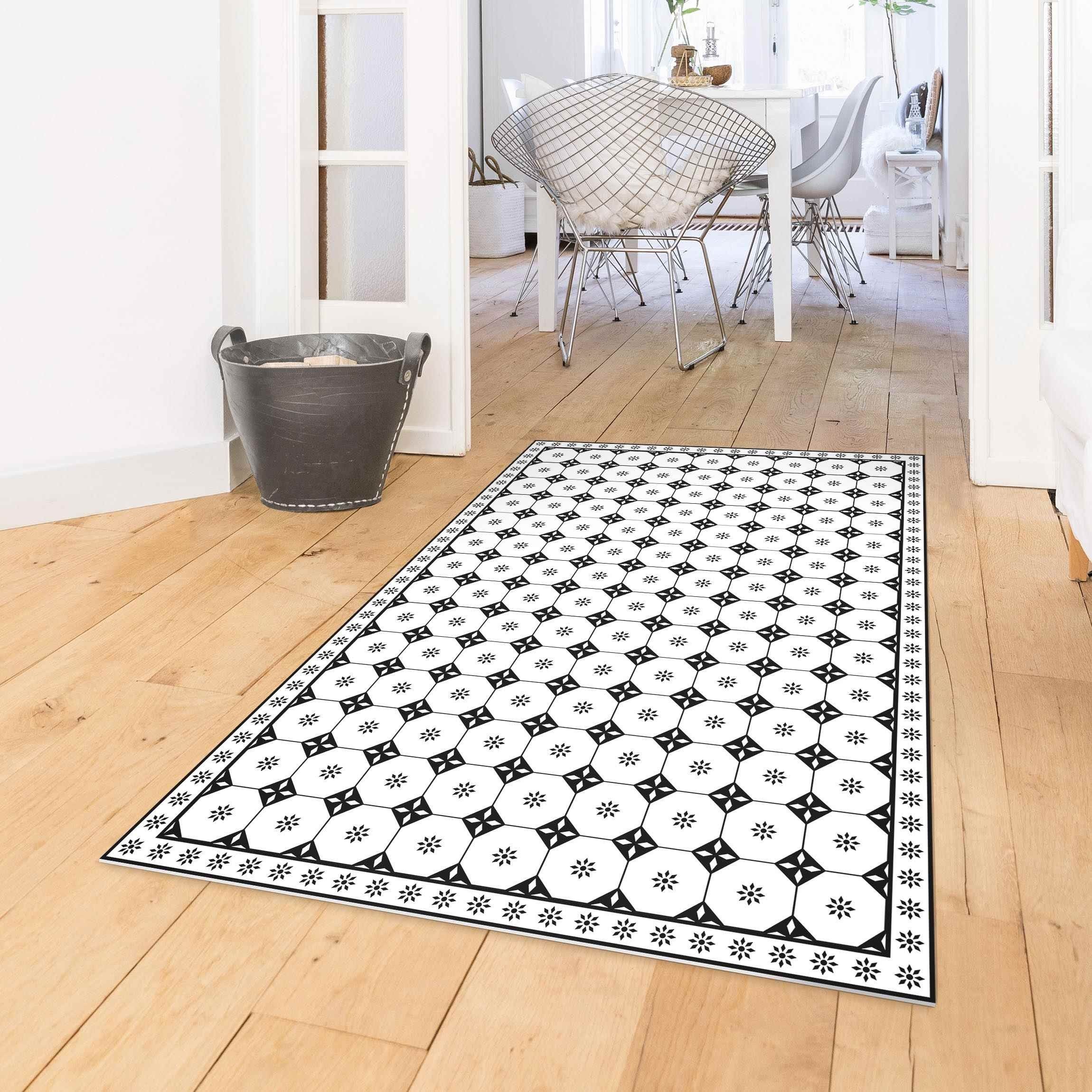 Bilderdepot24 Teppich Vinyl Wohnzimmer Schlafzimmer Flur Küche Fliesen Landhaus, rechteckig - schwarz weiß glatt, nass wischbar (Küche, Tierhaare) - Saugroboter – Bild 3 von 5