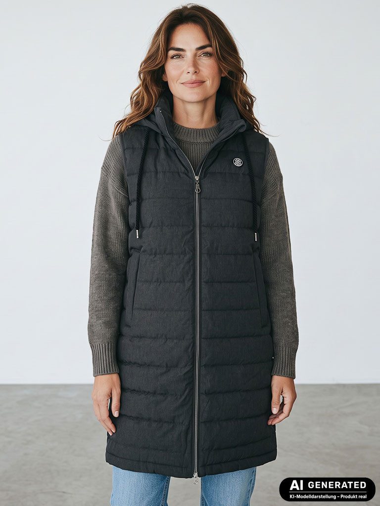 Blue Wave Longweste Nathalia Damen Steppweste Nathalia lang mit abnehmbarer Kapuze in Melange-Optik