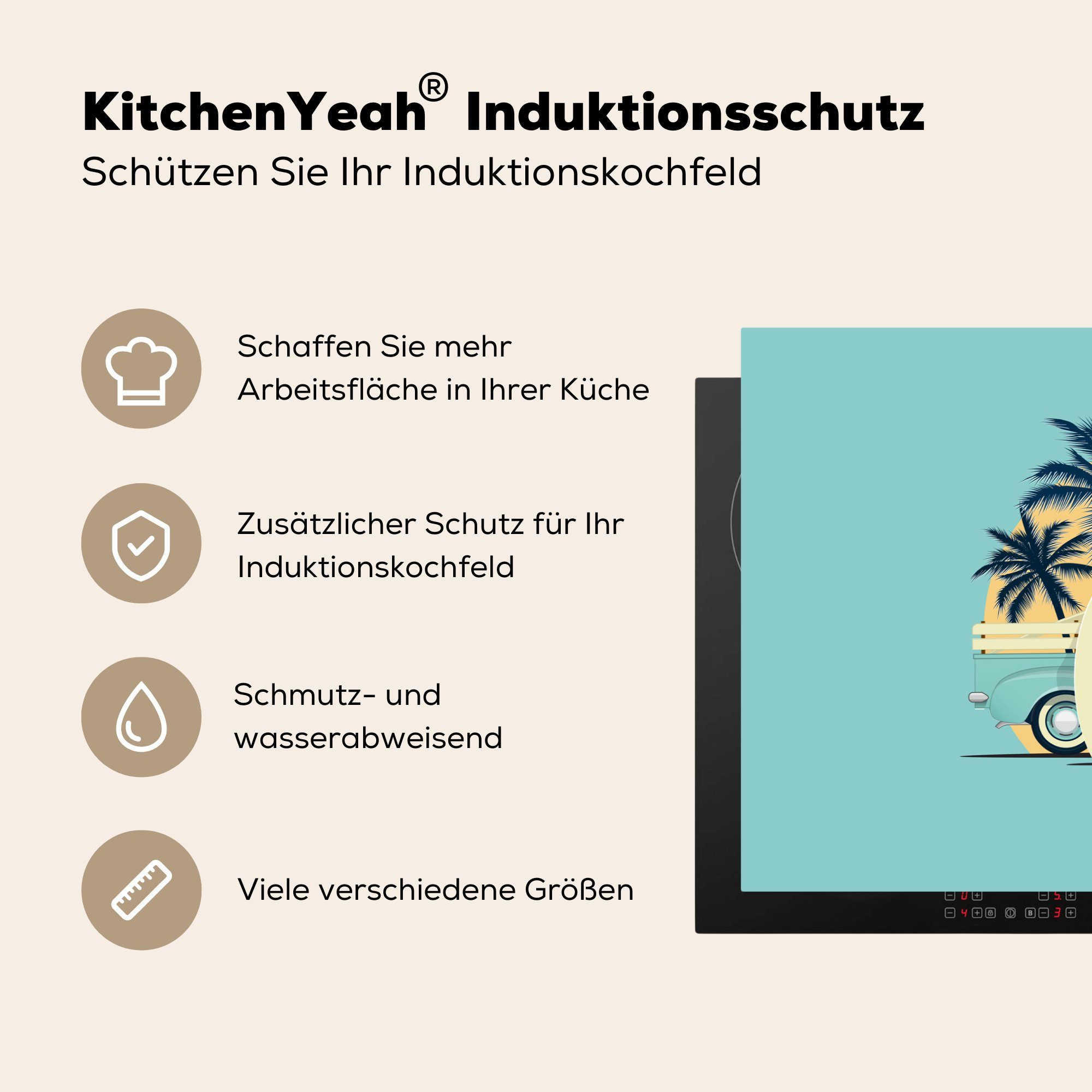 Induktionskochfeld tlg), Sommer die Vinyl, (1 Bus Zeichnung, MuchoWow Herdblende-/Abdeckplatte 81x52 für Ceranfeldabdeckung küche, Schutz cm, - - Surfbrett -