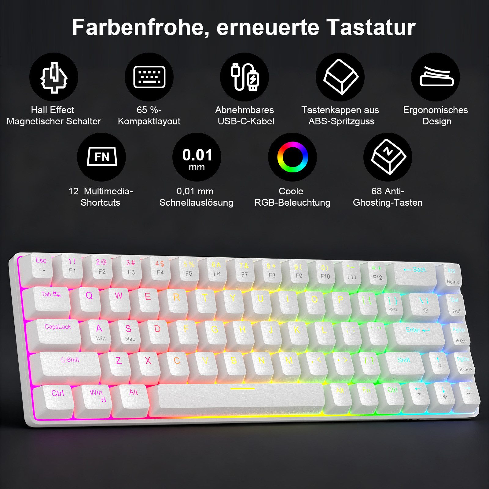 Novzep Magnetische Mechanische Tastatur mit Hall-Effekt-Switches,68 Tasten Gaming-Tastatur (RGB-Beleuchtung, Hot-Swap,Abnehmbarem USB-C-Kabel, für Windows & Mac)
