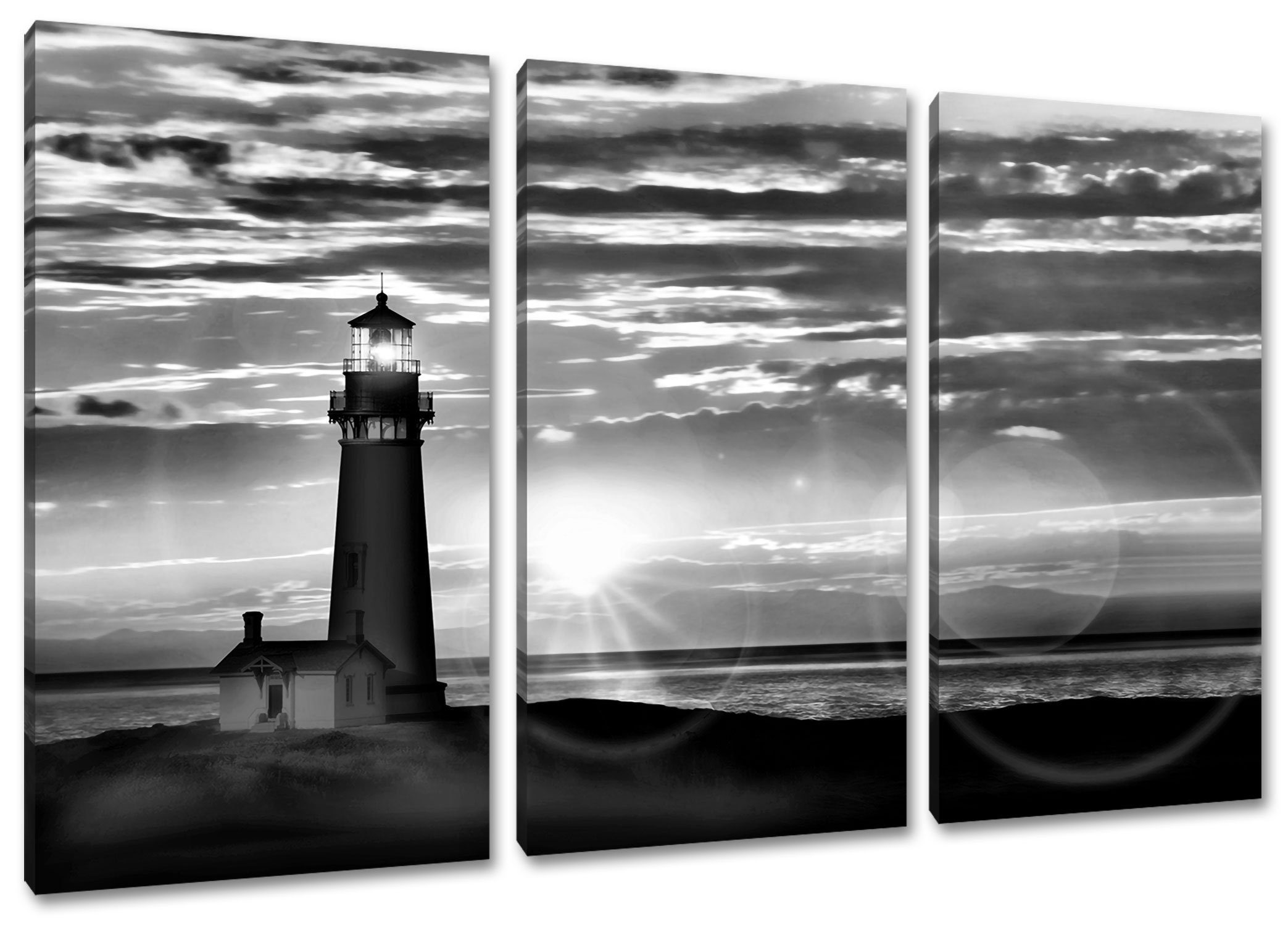 Pixxprint Leinwandbild Sonnenuntergang im 3Teiler (1 inkl. bespannt, Leuchtturm Leuchtturm Zackenaufhänger Sonnenuntergang, St), fertig Leinwandbild im (120x80cm)