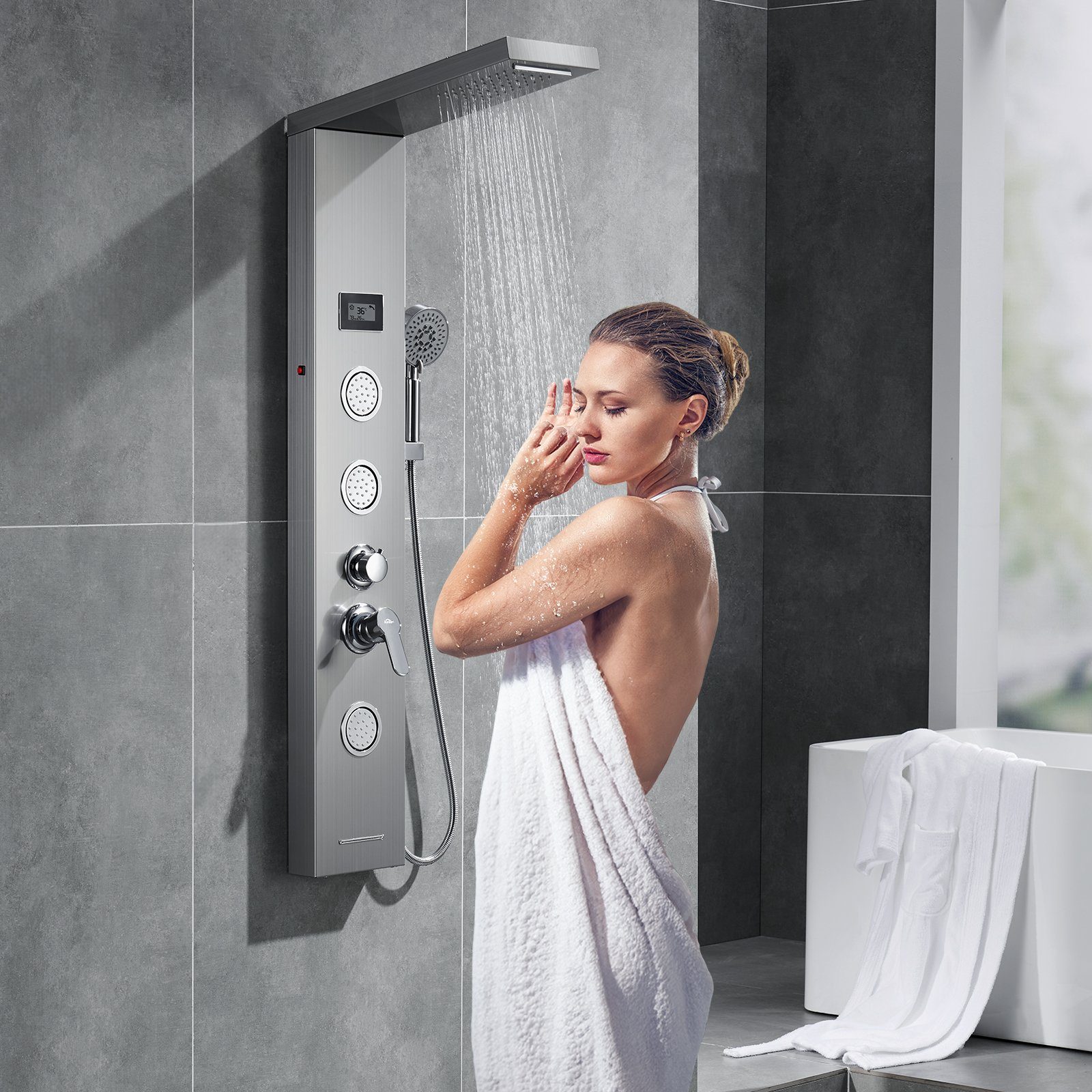 Edelstahl Wassertemperatur und 5 mit LED Auralum 5 Handbrause Strahlart(en), Duschsystem Duschset Duschpaneel Display Regendusche Wasserausgabemodi,