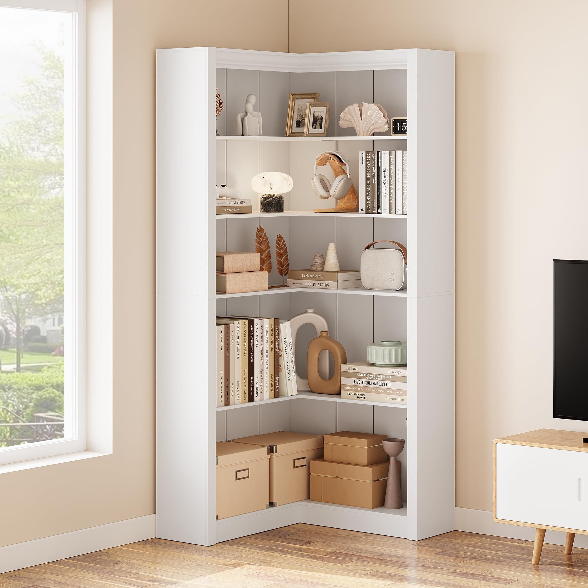 GarveeMore Eckregal 5-stufiges L-förmiges Eckbücherregal Standregal Mehrzweckregal, Moderne Landhausmöbel Große Kapazität Stauraumregal 182.5cm Hoch Regal