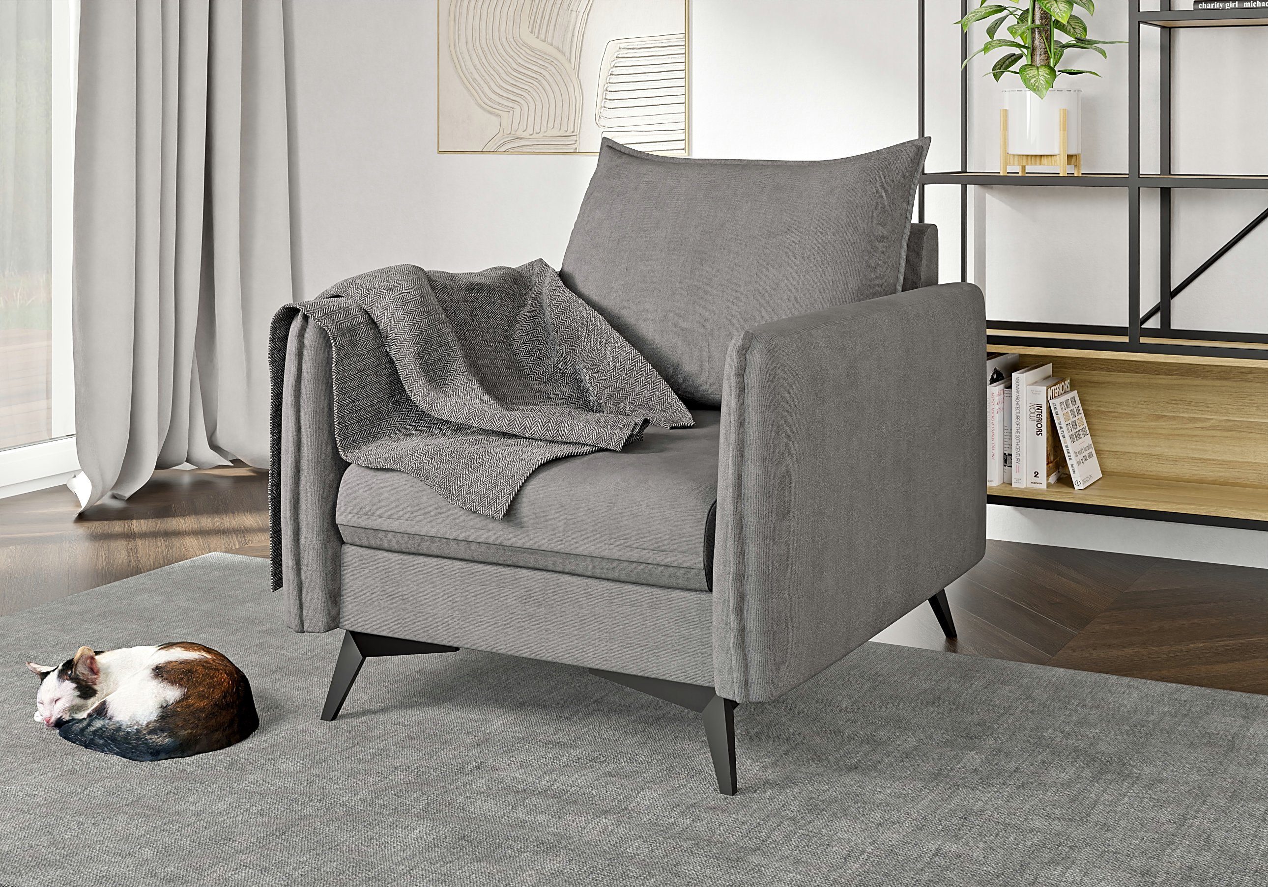 Wellenfederung S-Style mit Möbel 2-Sitzer-Sofa, Polstergarnitur Azalea 1x Sessel), Füßen, Schwarz Grau Metall 3-Sitzer-Sofa, Modernes (1x mit 1x 3+2+1