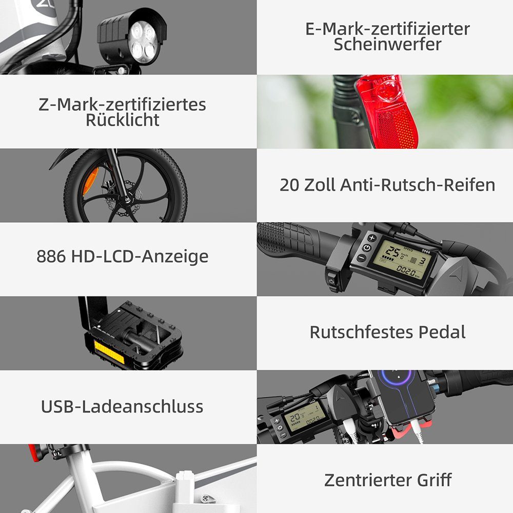 Faltbares Zoll Gang 1.95 ADO Schwarz E-Fahrrad Shimano, E-Bike 7 klapprad, Elektrofahrrad Kettenschaltung A20 * 20