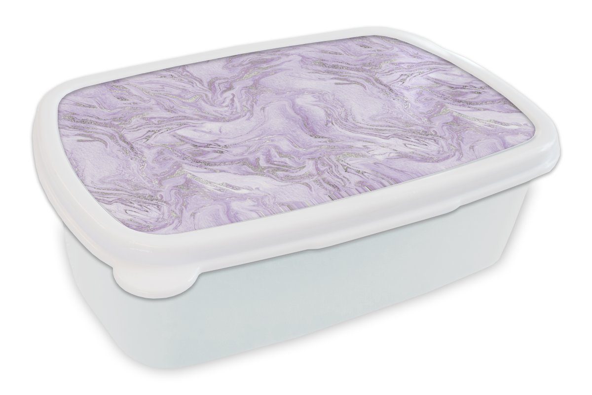 MuchoWow Lunchbox Marmor - Silber - Muster, Kunststoff, (2-tlg), Brotbox für Kinder und Erwachsene, Brotdose, für Jungs und Mädchen weiß