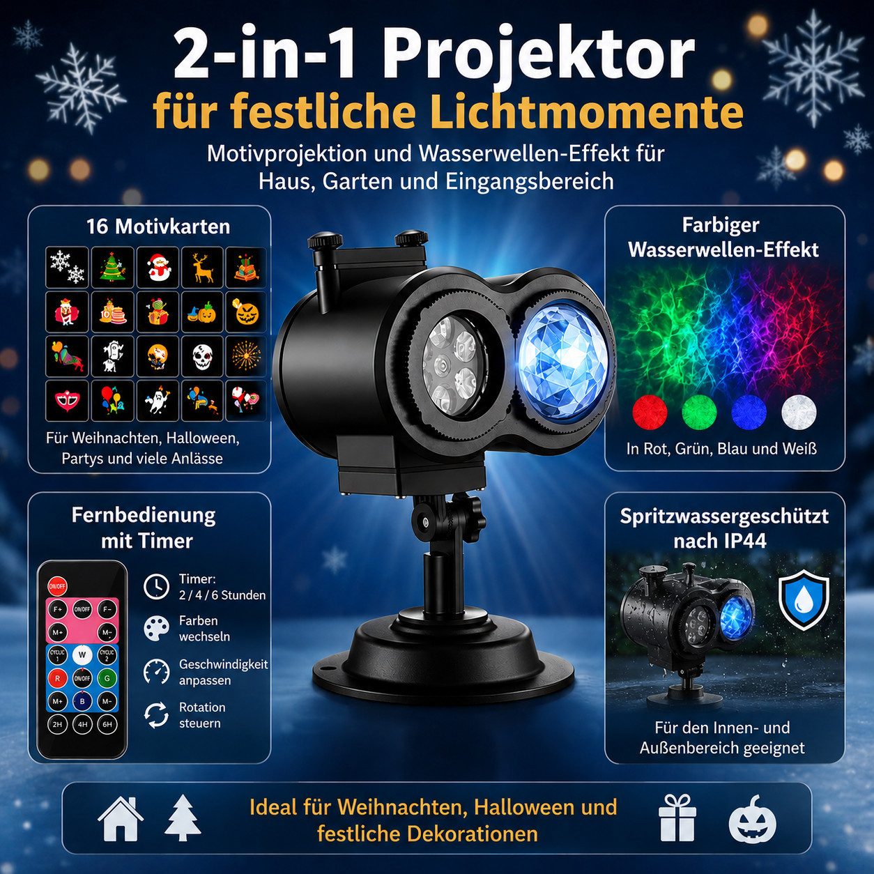 Tekoo Projektionslampe LED Projektor Weihnachten Halloween mit 16 Motiven und IP44, LED, Blau, Rot, mehrfarbig, Weiß, Grün, 16 Motivkarten, IP44, Fernbedienung, Wasserwellen-Effekt